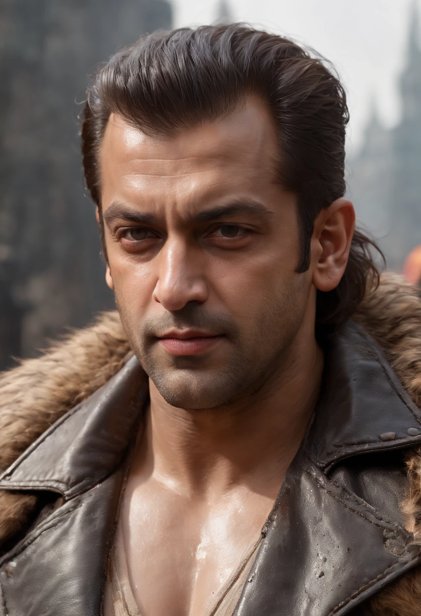 ((Epic salman khan, rough wet hero angry look long hair short beard and ferocious expression in dynamic pose, Fantastic location, money in the background, inside a big bank, many photographers around him , super detailed,, Majestic cluttered environment)), full body 8k unity render, action shot, skin pore, very dark lighting, heavyshading, Detailed, Detailed face , a pile of money in the background(vibrant, photograph realistic, Realistic, Dramatic, Dark, Sharp focus, 8K), (Old leather garments damaged by weathering:1.4), ((((Wear fur)))), (Intricate:1.4), decadent, (Highly detailed:1.4), Digital painting, rendering by octane, art stations, concept-art, smooth, Sharp focus, illustration, Art germ, (loish:0.23)