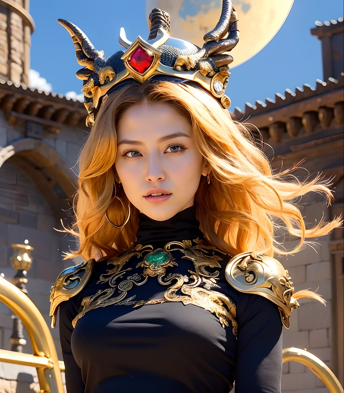 Professional , masterpiece、top-quality、photos realistic , depth of fields 、(Fight the Dragon Knight with the Dragon Mask),(Dragon Black Metal Body:1.4),(Matte Black、、Light Effects、(cleavage of the breast)、(Fight dragons)、(Seductive look)、Dragon Gold Weapon、Mystical expression、(bikini-armor),Gorgeous gold weapons ,(( Dragon's dense and gorgeous sword)) , Beautiful knife ,warhammer 40k , adepta sororitas,Detail and gorgeous crown、((Golden hair))、(Castle background)、The dragon、((Gangle's forest background))、Beautiful Caucasian beauty、(1a person)、dynamic ungle,(((Detailed and ornate dragon helmet)))、Smaller head、Castle background、Thin and beautiful female hands、cleavage of the breast、Soldier in iron armor on background、Mystical expression、Light Effects、intense fighting、Wind-effect、magic circles、With the legendary magic wand、(demonic wings)、Toostock、