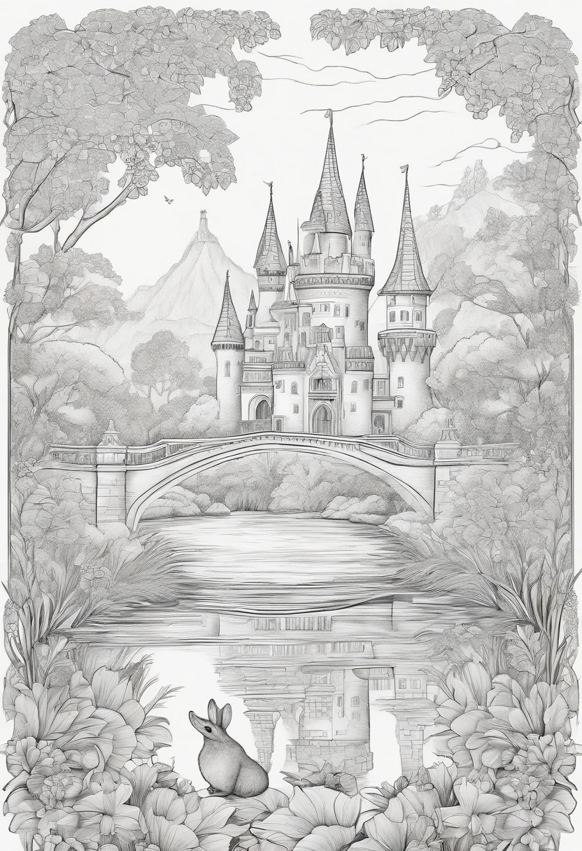 coloring page This drawing must have a 6-year-old princess A magical castle in an enchanted forest with a bridge and a lake, com coelhos e borboletas