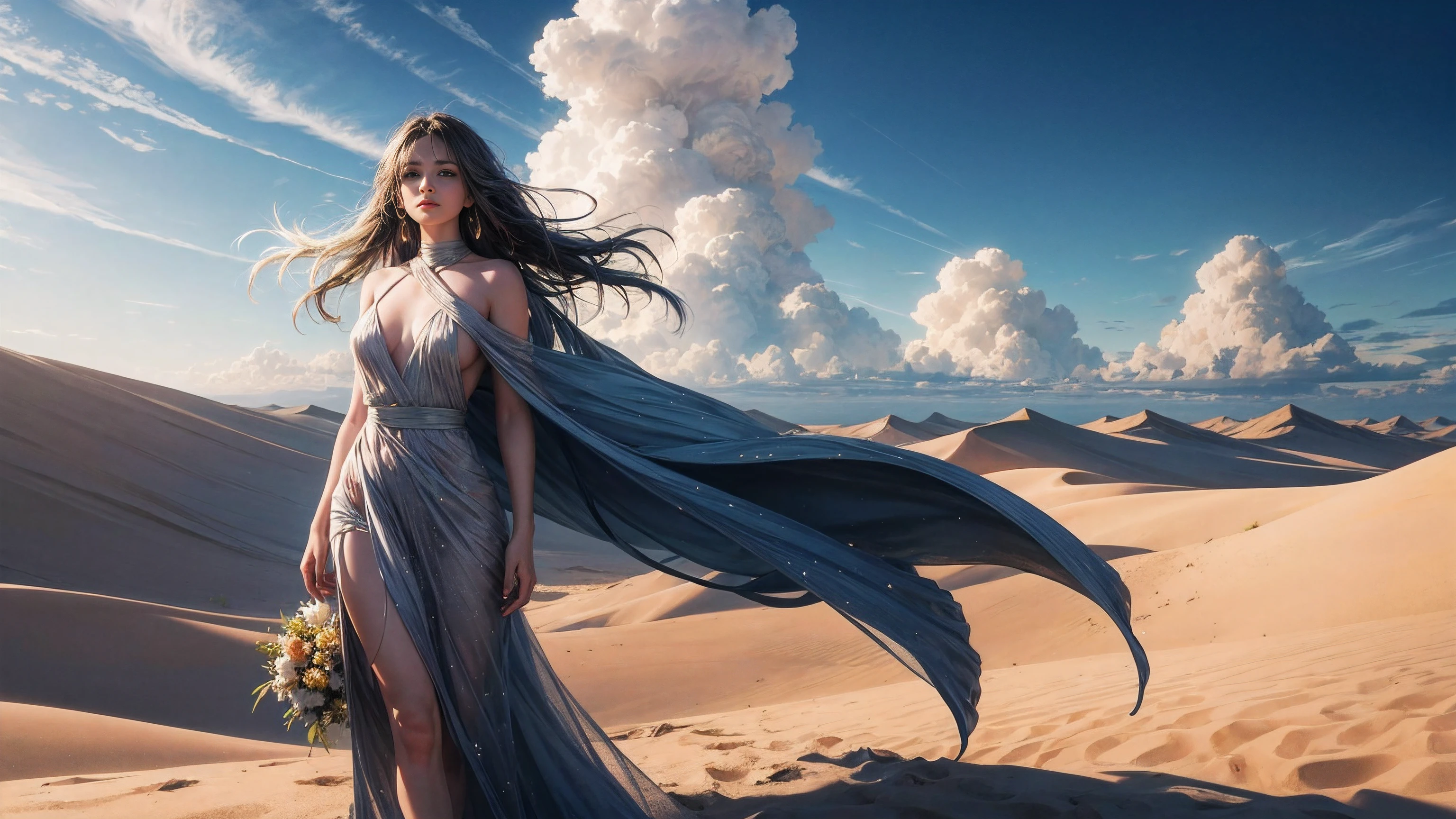 surreal landscape, dreamlike color palette, soft lighting, ethereal atmosphere, sand dunes stretching into the distance, vibrant oasis in the center, palm trees swaying gently in the breeze, Alice standing in awe amidst the barrenness, flowing dress billowing around her, curious expression on her face, sun casting long shadows, slight mirage shimmering in the air, intense heat radiating from the desert floor, infinite sky with wispy clouds, captivating and mysterious scene.