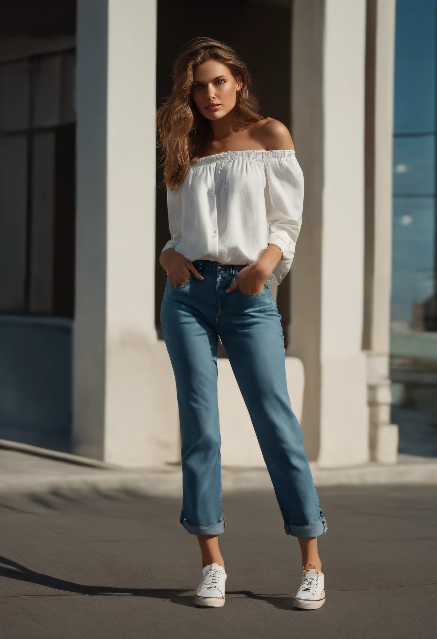 caucasian female with light brown hair, bright eyes, off_shoulder, oversized shirt (35mmstyle:1.1), front, masterpiece, , cinematic lighting, (photorealistic:1.3), high frequency details, 35mm film, (film grain), film noise, kodak proimage 100, full body, white shirt, blue jeans, black converse shoes, walking in a street with no people around, dynamic pose