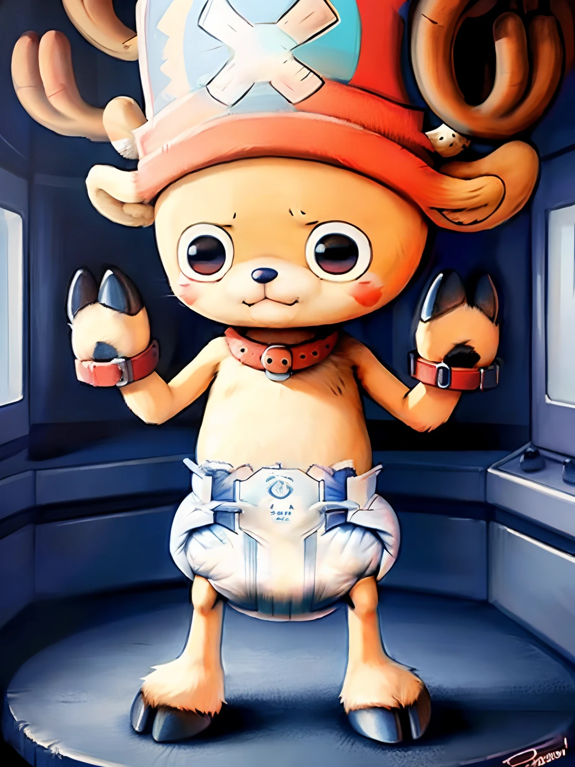 by Personalami, solo kid (Tony Tony Chopper (One piece)), (detailed Tony Tony Chopper), adorable, cute, big pupils, wearing diaper, ((only diaper)), dilated catlike eyes , shirtless, standing, stretched raised arms , chained ankles together , looking at the observer with ashamed face, scared ,small hooves on feet, small hooves on hands, padded wrist cuffs,padded ankle cuffs, padded collar, scared , on futuristic laboratory, japanese mascot, chibi proportions, chibi anatomy, fluffy body, no shorts, tyny legs, tiny arms, thin legs, short legs, slim legs, thin arms, no paws, tiny hooves , chubby, small body, small limbs