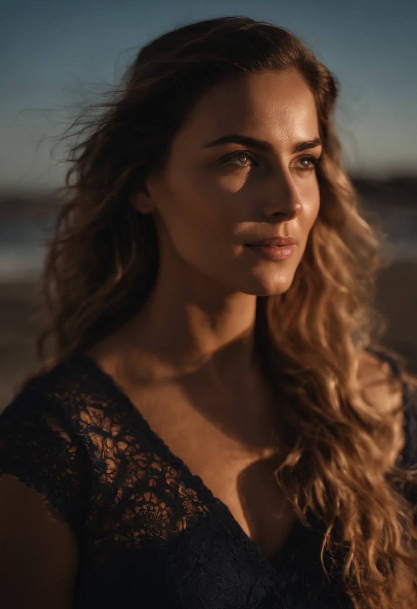 Estilo: Ambiente mal-humorado foto ampla de uma garota deslumbrante na praia | Gender: Filme noir | EMOTION: felicidade azul e laranja | cena: menina deslumbrante, 25 anos, Usando um top decotado, grandes bustos, muito sexy, cabelos ondulados, symmetric eyes, symmetrical face, fotorrealista, fotografia, Rastreamento de caminho, volumetric facial light, Traced hair, visible shadows, hiperrealista por James Cameron | TAGS: Cinematic framing A remote hypothesis | Camera: Nikon D850 | | focal length: Lente de 23 mm de largura | TIPO DE DISPARO: A Long Shot | compositing: candid | The lighting: Backlighting of sky light, foto realista, mist in the air | Time of day: Sunset | TYPE OF LOCATION: ao ar livre