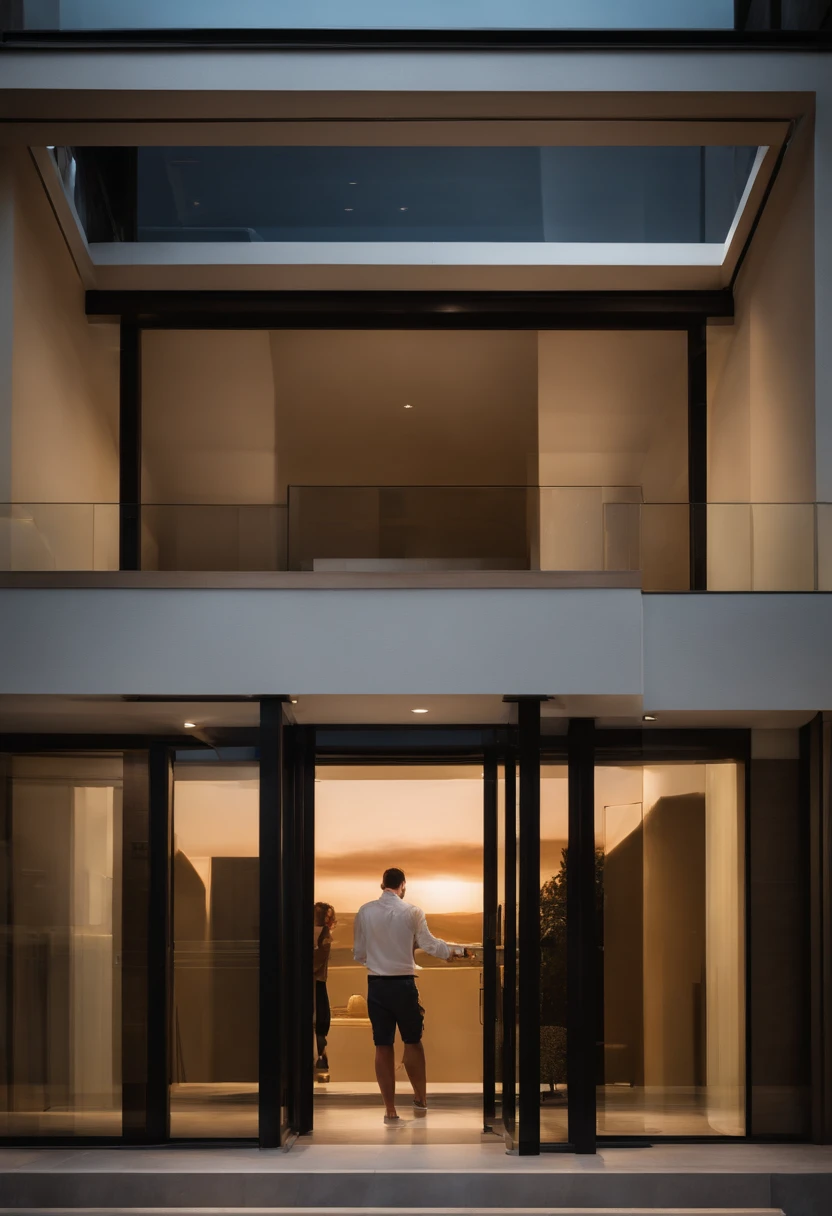 A resident is standing in front of the condominium entrance. He's holding an easy-to-read device, um aparelho com uma tela de alto contraste. The resident is wearing light-toned clothing and carries a backpack over his right shoulder. He's standing in front of a glass door with a metal doorknob. Ao lado da porta, There is a control panel with buttons and a small screen also of high contrast, que parece ser o leitor de acesso. The resident appears to be entering a code or using the device to interact with the control panel, indicating your intention to enter the condominium with ease and accessibility.
