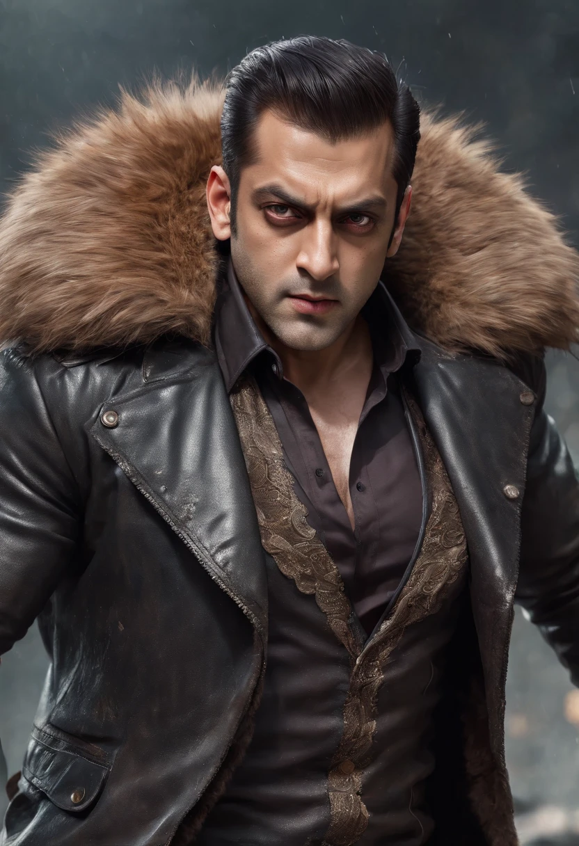 ((Epic salman khan, rough wet hero angry look long hair short beard and ferocious expression in dynamic pose, Fantastic location, money in the background, inside a big bank, many photographers around him , super detailed,, Majestic cluttered environment)), full body 8k unity render, action shot, skin pore, very dark lighting, heavyshading, Detailed, Detailed face , a pile of money in the background(vibrant, photograph realistic, Realistic, Dramatic, Dark, Sharp focus, 8K), (Old leather garments damaged by weathering:1.4), ((((Wear fur)))), (Intricate:1.4), decadent, (Highly detailed:1.4), Digital painting, rendering by octane, art stations, concept-art, smooth, Sharp focus, illustration, Art germ, (loish:0.23)