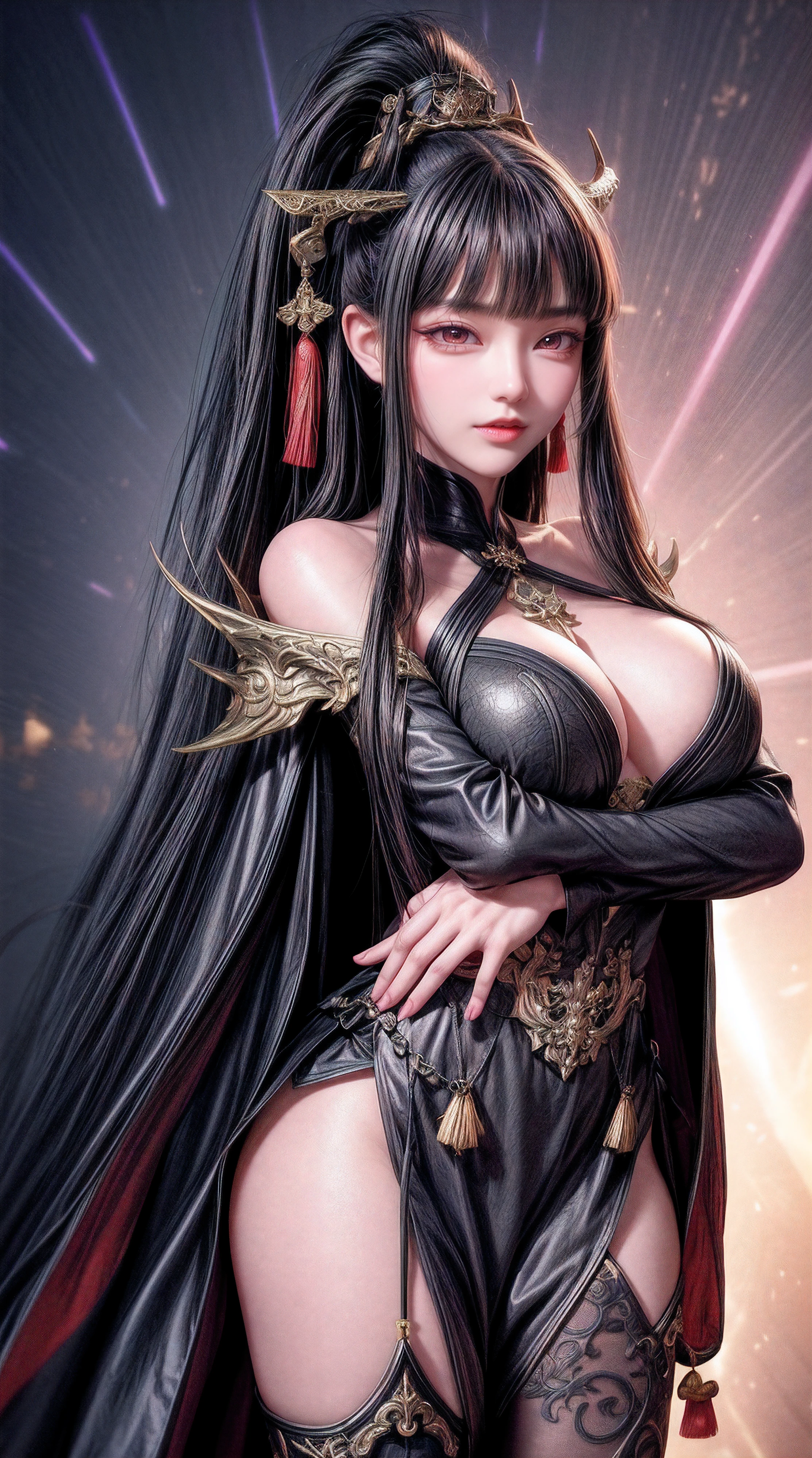 China,Dark Big Oriental eyes,Black long hair gathered in a Chinese ponytail,leather cloak, with metal shoulder pads,scatters star rays,fantasy ,Blend of black gold,colorful Pattern, Dragon Pattern Road, prince, palace,Lightning effect,arms behind back,hands behind back, black lence stockings,Strangle,