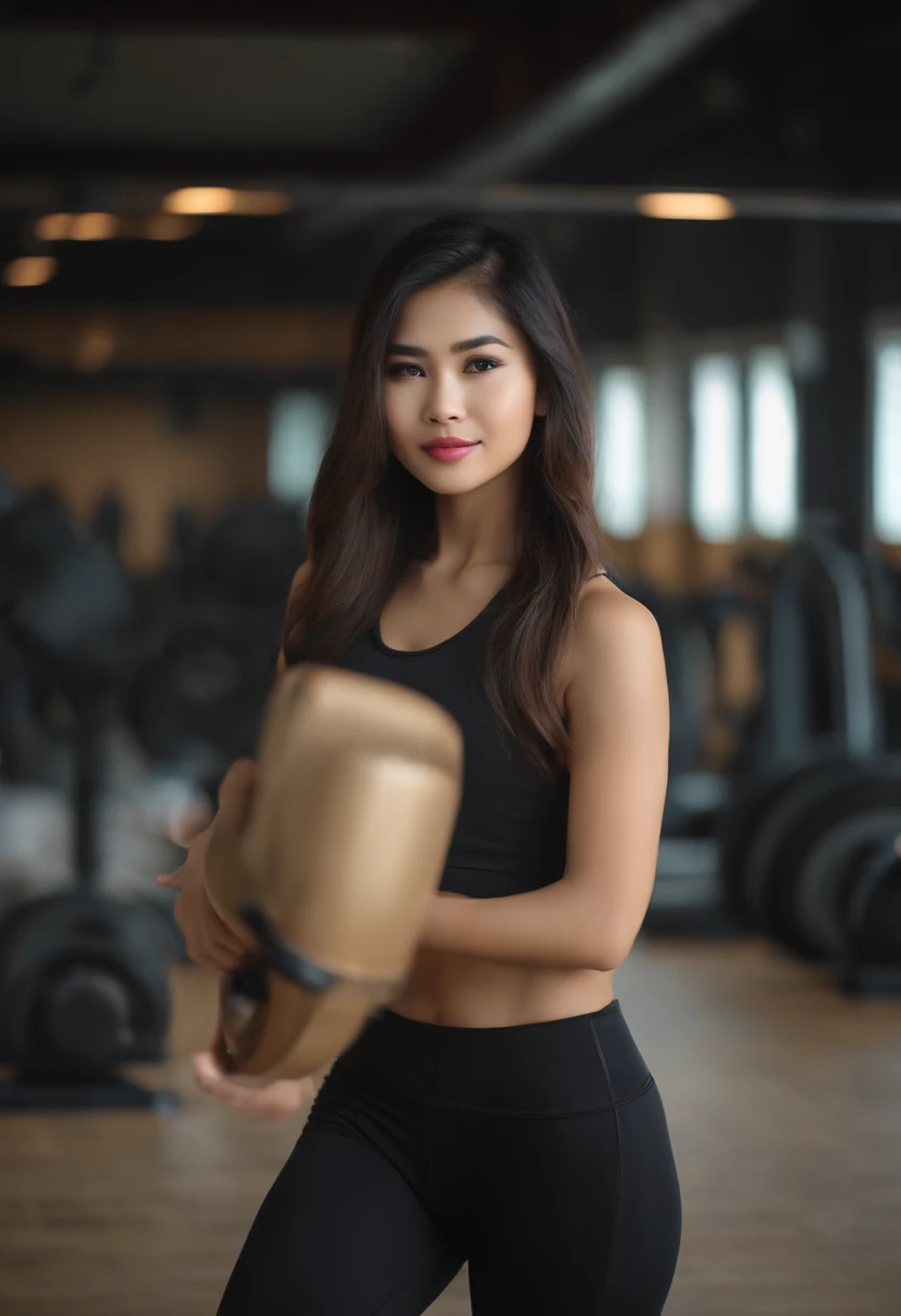 (((thai girl))), thin face, natural tan skin, wearing yoga pants, charming black hair, ((hair is blonde)), gym background, age 22