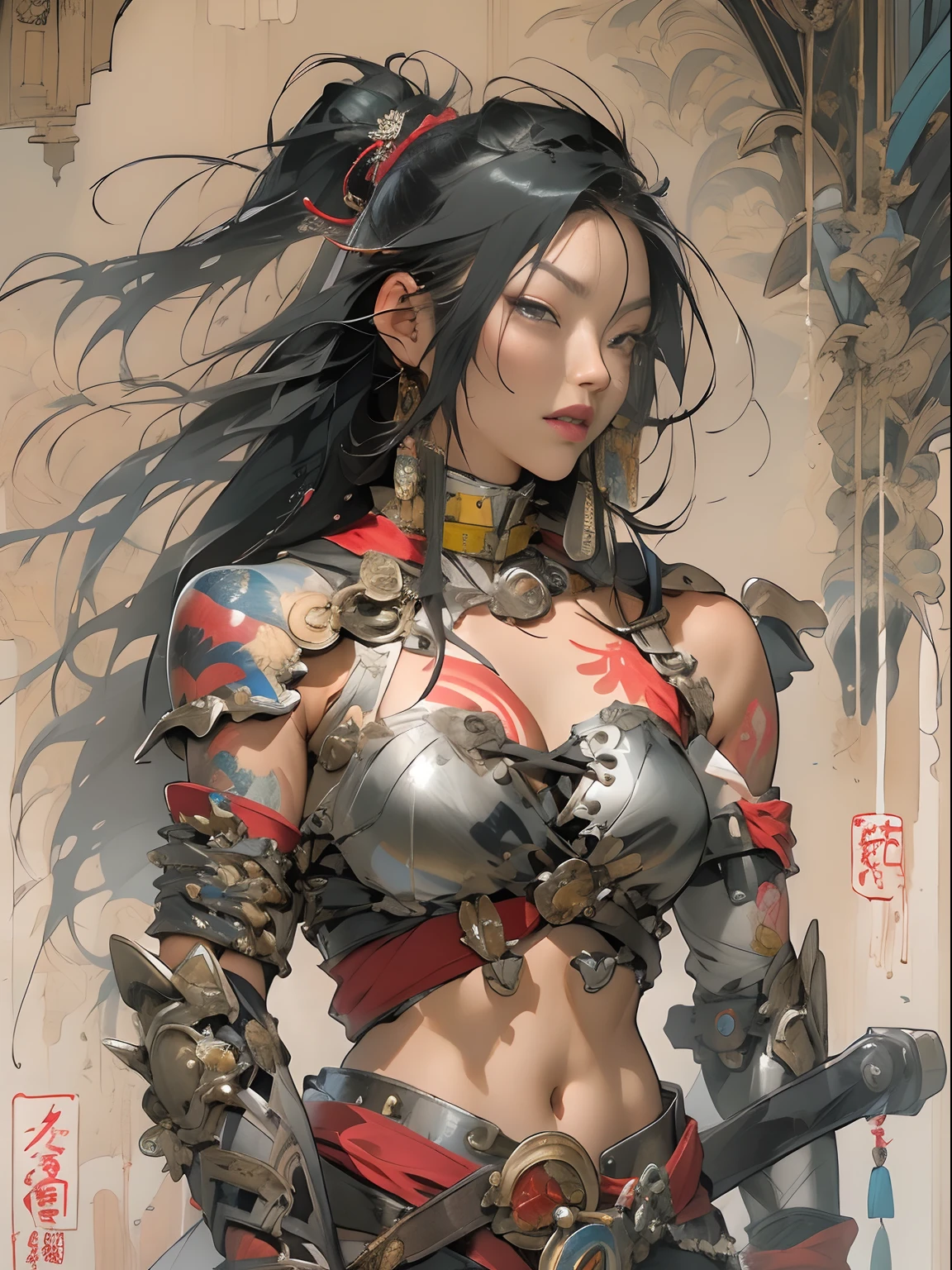 (((mulher))), (((melhor qualidade))), (((obra prima))), (((adulta))), Uma guerreira mulher de 35 anos com corpo perfeito, Brooklyn Gladiators, (( under boobs )), quase nua no estilo selvagem urbano de Simon Bisley para a capa da revista Heavy Metal, cabelo loiro, Minimum clothing, red and white checkered pattern, armadura, cheio de pontas e rebites, tatuagem tribal, (((do joelho pra cima))), cabelo desalinhado