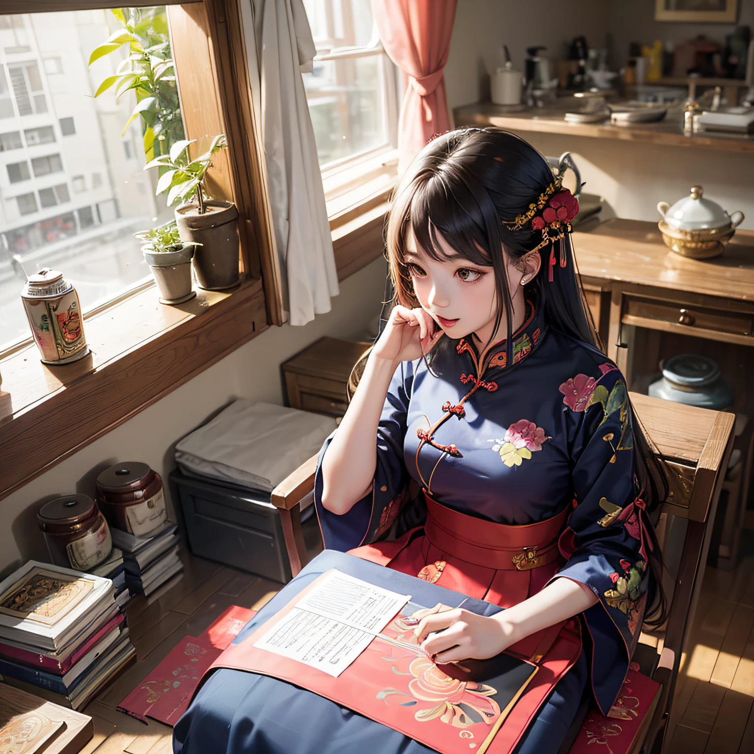 Raw photo, masutepiece, Best Quality, (1girl in), 20yr old, Sitting at the table, Indoor, sunny window, Happy, Colorful cheongsam, Song Han-fu, Beautiful Girl, hair messy, Writing Chinese Calligraphy