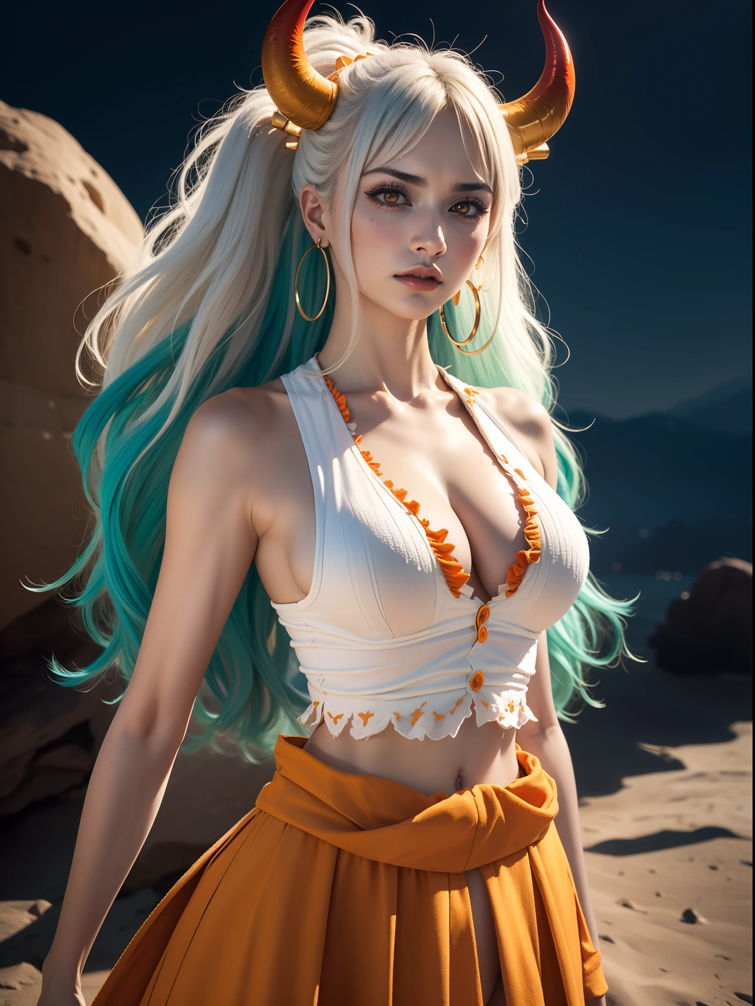 ultra realistic 8k cg, masterpiece, ((ultra detailed background, delicate pattern, intricate detail)), (highly detailed, fine details), best quality, (photorealistic:1.4),beautiful lighting,  absurdres, RAW photo, film grain, ((medium breasts, slim girl)), Yamato, long hair, 1girl, horns, white hair, (solo), oni, red horns, curled horns, hair ornament, (multicolored horns), jewelry, earrings, japanese clothes, hair stick, sleeveless, bare shoulders, aqua hair, sidelocks, hoop earrings, white crop top shirt and orange skirt with frills, lustful look, ((orange eyes, slim waist, large breasts)), (complex detailed background, barren land, moon, full body shot), from head to toe, thigh high socks