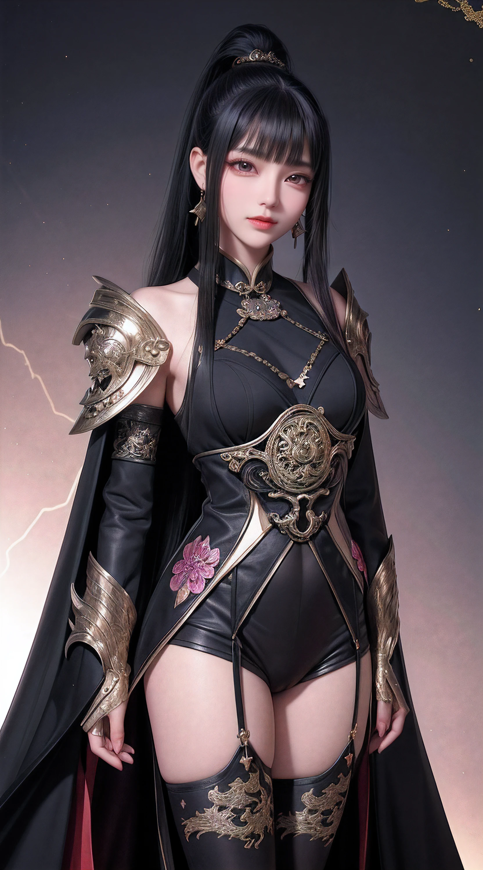 China,Dark Big Oriental eyes,Black long hair gathered in a Chinese ponytail,leather cloak, with metal shoulder pads,scatters star rays,fantasy ,Blend of black gold,colorful Pattern, Dragon Pattern Road, prince, palace,Lightning effect,arms behind back,hands behind back, black lence stockings,Strangle,