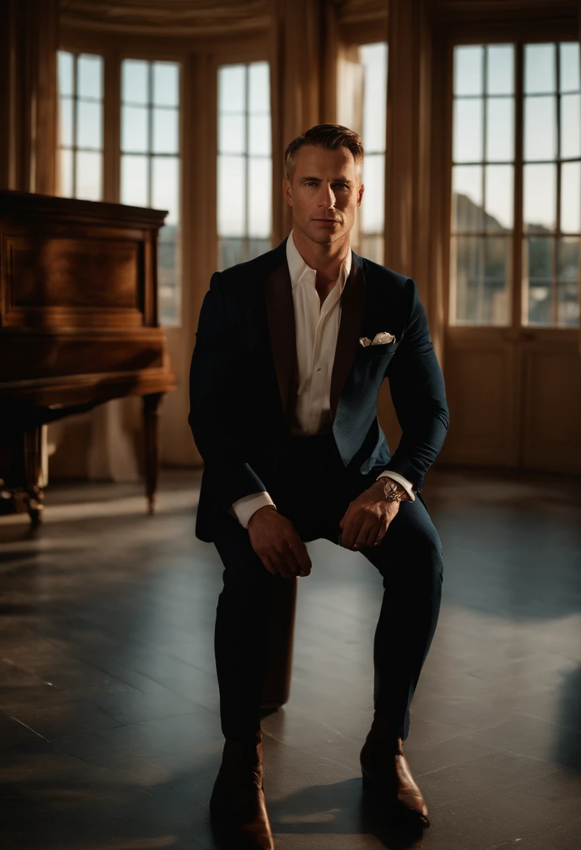 corps entier, wide-angle photo close-up portrait of the body of a handsome man , Grand et en forme, (40 ans:1.1), (shaven:1.2) , (very short brown hair:1.5),(very short hair:1.6). (Tight suit in dark blue velvet:1.3). (posing outside the mansion with a luxury car:1.1),Cold and dark sunset at dusk, (Edge Light:1.1),(Concentrez-vous sur les yeux), (Regard fier), (hard light on the skin:1.2), (ombres dures, dark themed, Contraste profond:1.1), (photographie de portrait par Annie Liebovitz), Dark mint theme and choral aesthetics, (skin imperfections)