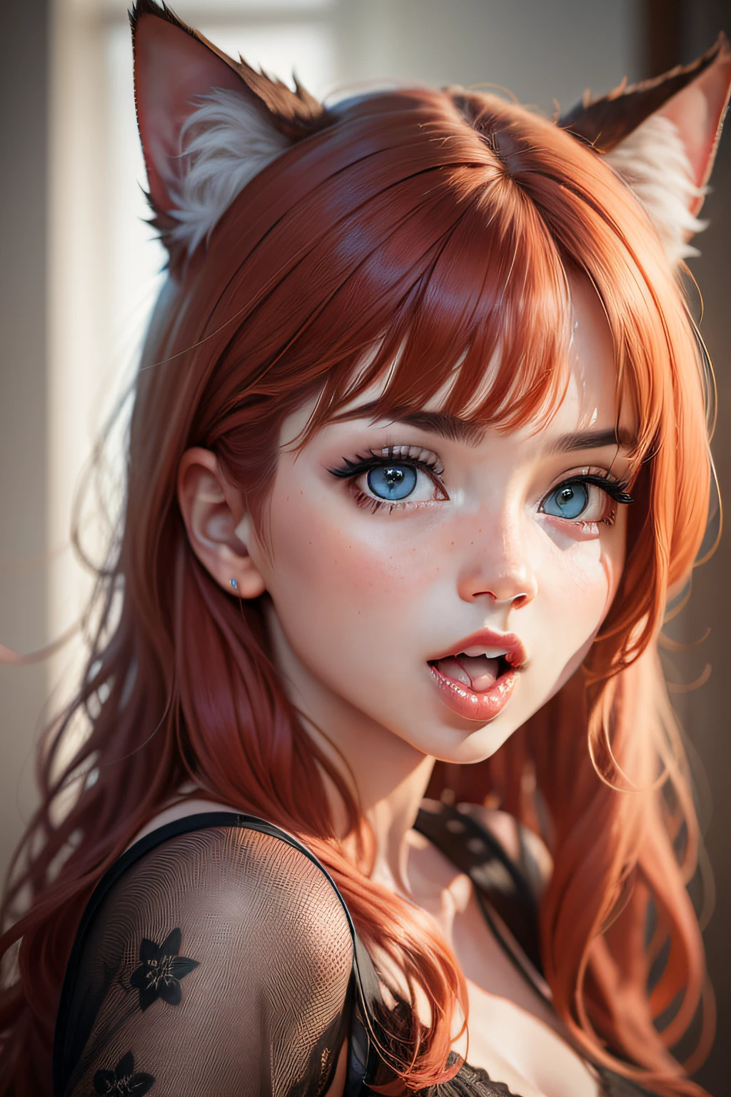 Woman with red hair and blue eyes posing for a photo with Aheago gaze and tongue sticking out, Zeunge lecken, streckt die Zunge heraus, Katzen-Look, Mund offen, soft portrait shot 8 k, Aufgenommen mit Canon EOS R5, Aufgenommen mit Canon EOS R 5, Aufgenommen mit Canon EOS R 6, Sanfte Beleuchtung und Fokussierung, Aufgenommen mit Nikon Z9, 8k artgerm bokeh, portrait of a beautiful model, Aufgenommen mit Sony A 7 II, toungue wird angezeigt, Toungue out of the mouth, red bh, cute cat girl, long toungue, mouth wide open