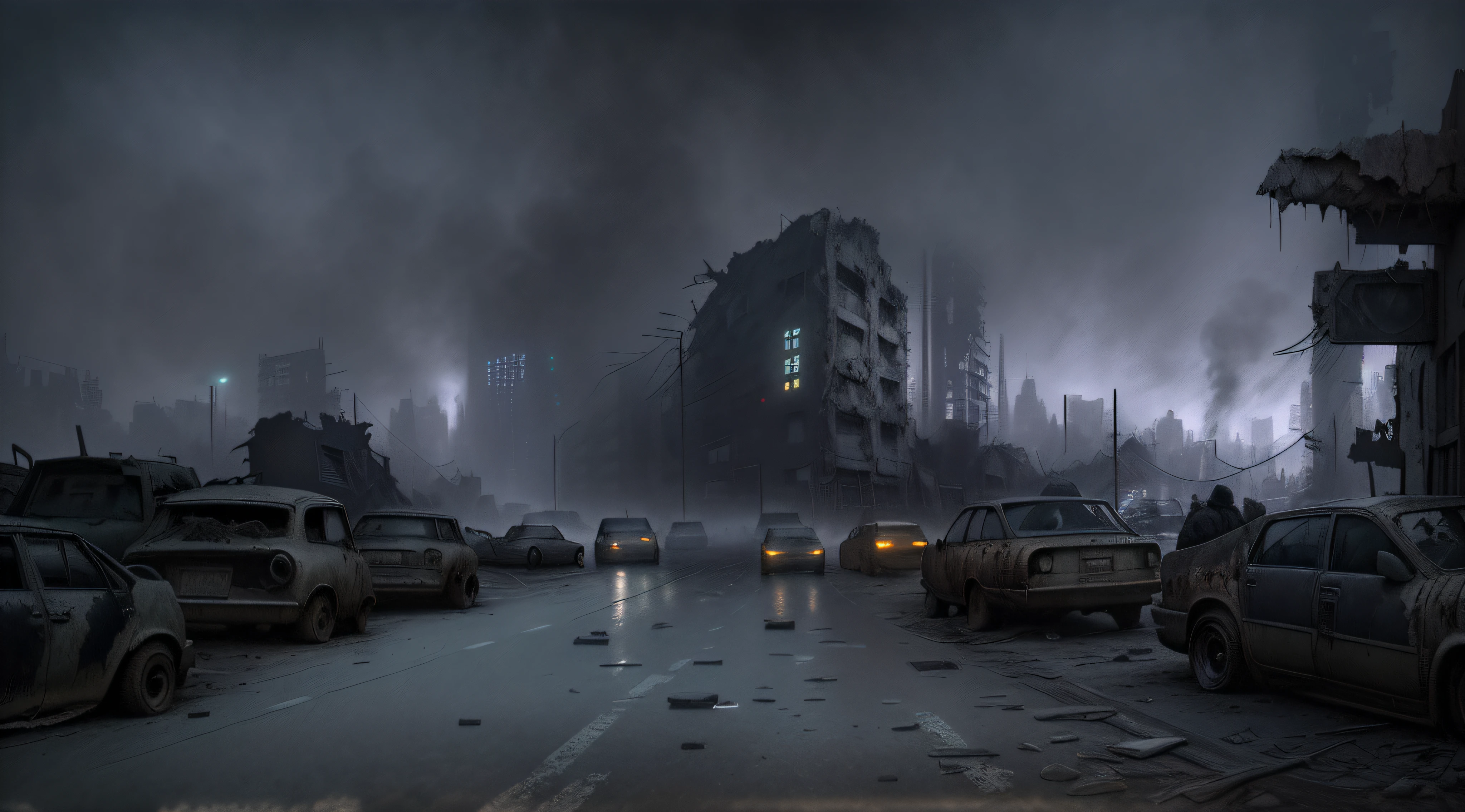 cars are parked on the side of a road in a city, photorealistic dark concept art, post - apocalyptic city streets, dark cinematic concept art, destroyed city in the background, resident evil virus concept art, digital concept art of dystopian, apocalyptic city, post - apocalyptic city, post apocalyptic city, dark abandoned city streets, apocalyptic city backround, eerie nostalgic concept art