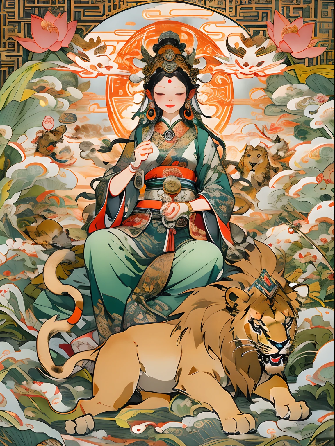 an ancient Chinese goddess, guanyin of the southern seas, Guanyin, Inspired by India, Avalokiteshvara rides a lion，,Serene expression,shui mo hua,Buddha,Buddhist,Lotus,Chinese painting style,Thangka style