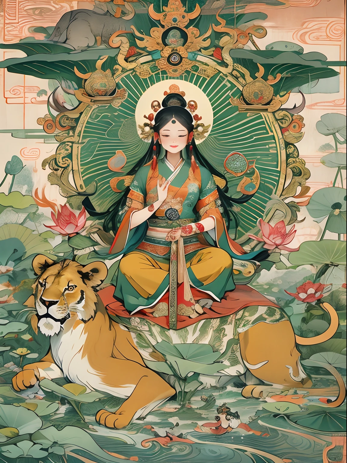an ancient Chinese goddess, guanyin of the southern seas, Guanyin, Inspired by India, Avalokiteshvara rides a lion,,Serene expression,shui mo hua,Buddha,Buddhist,Lotus,Chinese painting style,Thangka style