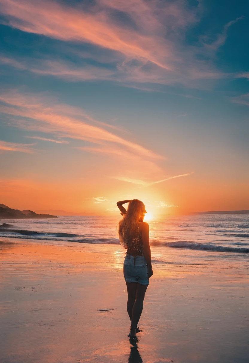 Estilo: Ambiente mal-humorado foto ampla de uma garota deslumbrante na praia | Gender: Filme noir | EMOTION: felicidade azul e laranja | cena: menina deslumbrante, 25 anos, Usando um top decotado, grandes bustos, muito ????, cabelos ondulados, symmetric eyes, symmetrical face, fotorrealista, fotografia, Rastreamento de caminho, volumetric facial light, Traced hair, visible shadows, hiperrealista por James Cameron | TAGS: Cinematic framing A remote hypothesis | Camera: Nikon D850 | | focal length: Lente de 23 mm de largura | TIPO DE DISPARO: A Long Shot | compositing: candid | The lighting: Backlighting of sky light, foto realista, mist in the air | Time of day: Sunset | TYPE OF LOCATION: ao ar livre