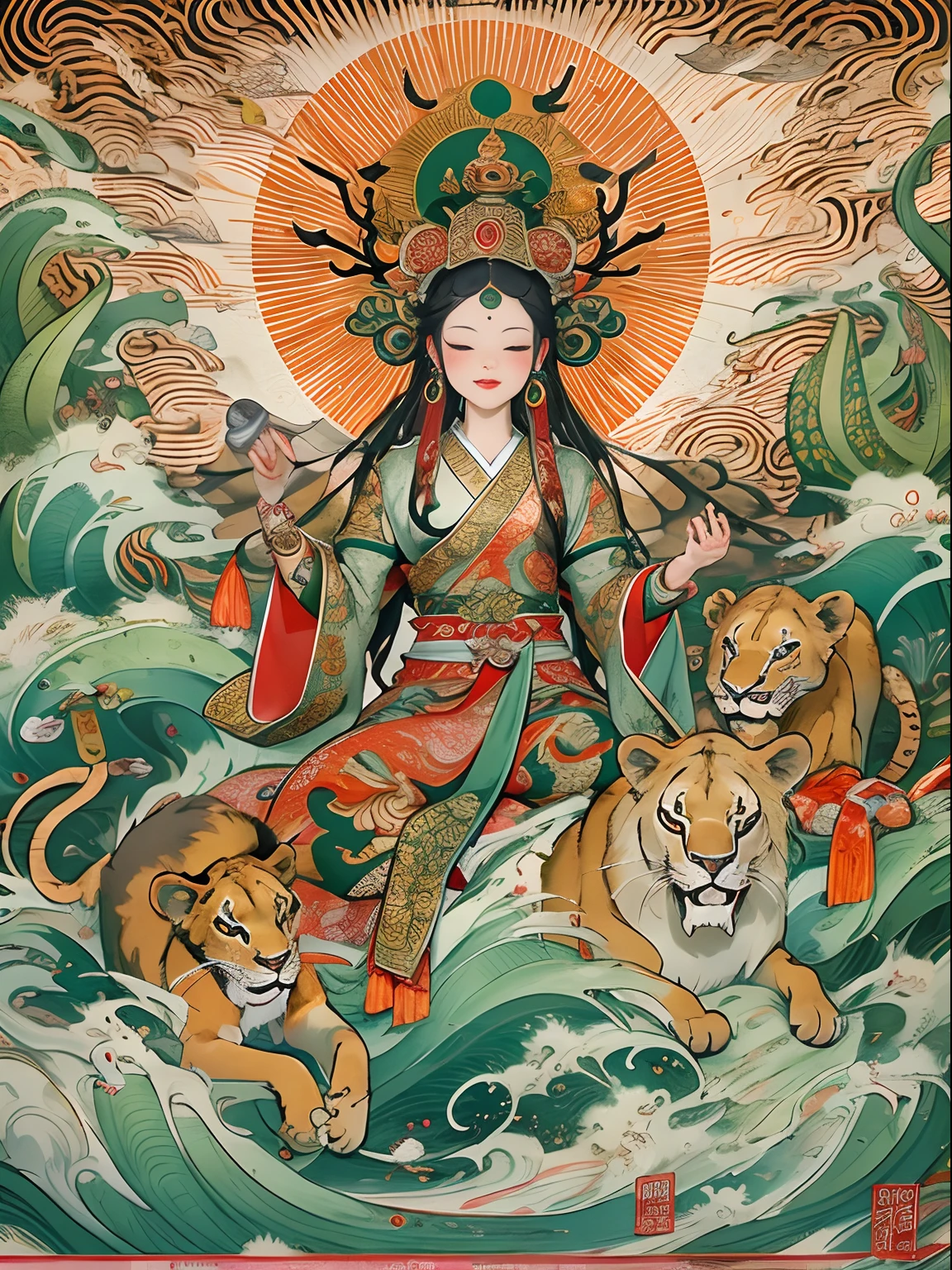 an ancient Chinese goddess, guanyin of the southern seas, Guanyin, Inspired by India, Avalokiteshvara rides a lion,,Serene expression,shui mo hua,Buddha,Buddhist,Lotus,Chinese painting style,Thangka style