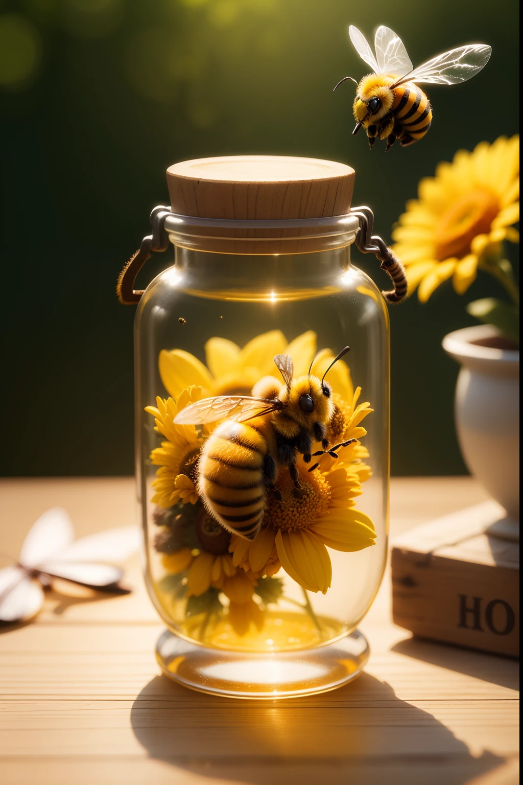 dynamic scene with cute bee flying taking a pot of honey, with high speed lens blur