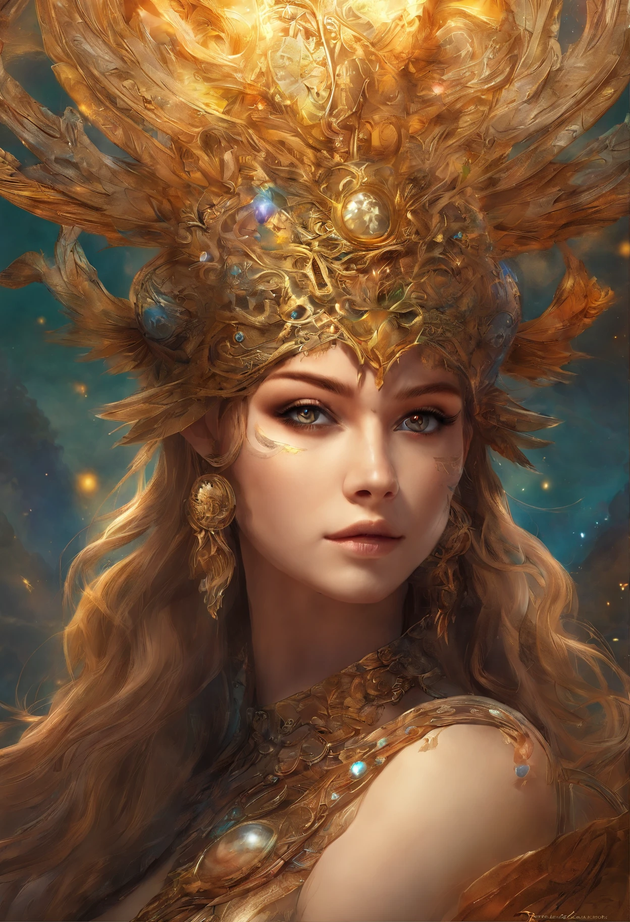 (best qualtiy,ultra - detailed,Most Best Illustration,Best shadow,tmasterpiece,A high resolution,professionalartwork,famousartwork),Detailed eyes,beautidful eyes,closeup cleavage,sci-fy,colored sclera,Robot eyes,face markings,Tattooed with,(fractalized,Fractal eyes),largeeyes,Wide eyes,(Eye focus),sface focus,Cosmic eyes,Space eyes,Close-up of metal sculpture of a girl with a universe in her hair,goddes。extremly high detail,3 d goddess portrait,Extremely detailed footage of the goddess,a stunning portrait of a goddess,Side image of the goddess,portrait of a beautiful goddess,Full body close-up portrait of the goddess,hecate goddess,portrait of a norse universe goddess,goddess of space and time