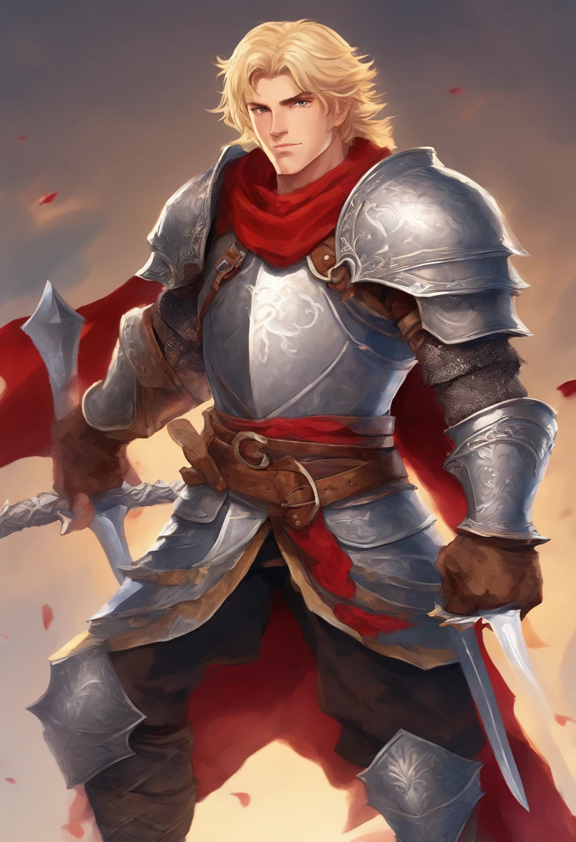 a 20 -year-old man, 1 boy, blonde short hair, short hair parted in the middle, bright green eyes, without a beard, without a goatee, no facial hair, silver and red medieval knight armor, red clothes, highly detailed, A high resolution, Sharp focus, ultra detailed, noble, brave, strong, perfect hands, looking at the viewer
