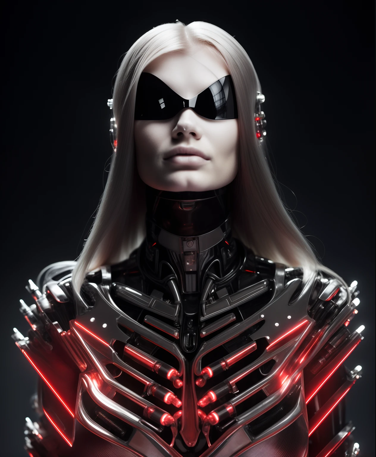 a close up of a woman with a futuristic costume and a red light, cyborg woman, futuristic woman portrait, fashionable futuristic woman, portrait of a sci - fi woman, cyborg fashion model, portrait of a female android, portrait of a cyborg queen, beautiful cyborg woman, portrait beautiful sci - fi girl, beautiful alluring female cyborg, perfect cyborg female