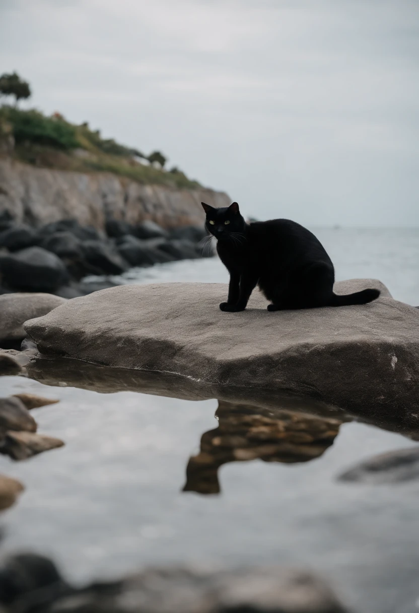 Black cat with white sitting on a rock in front of a seawall