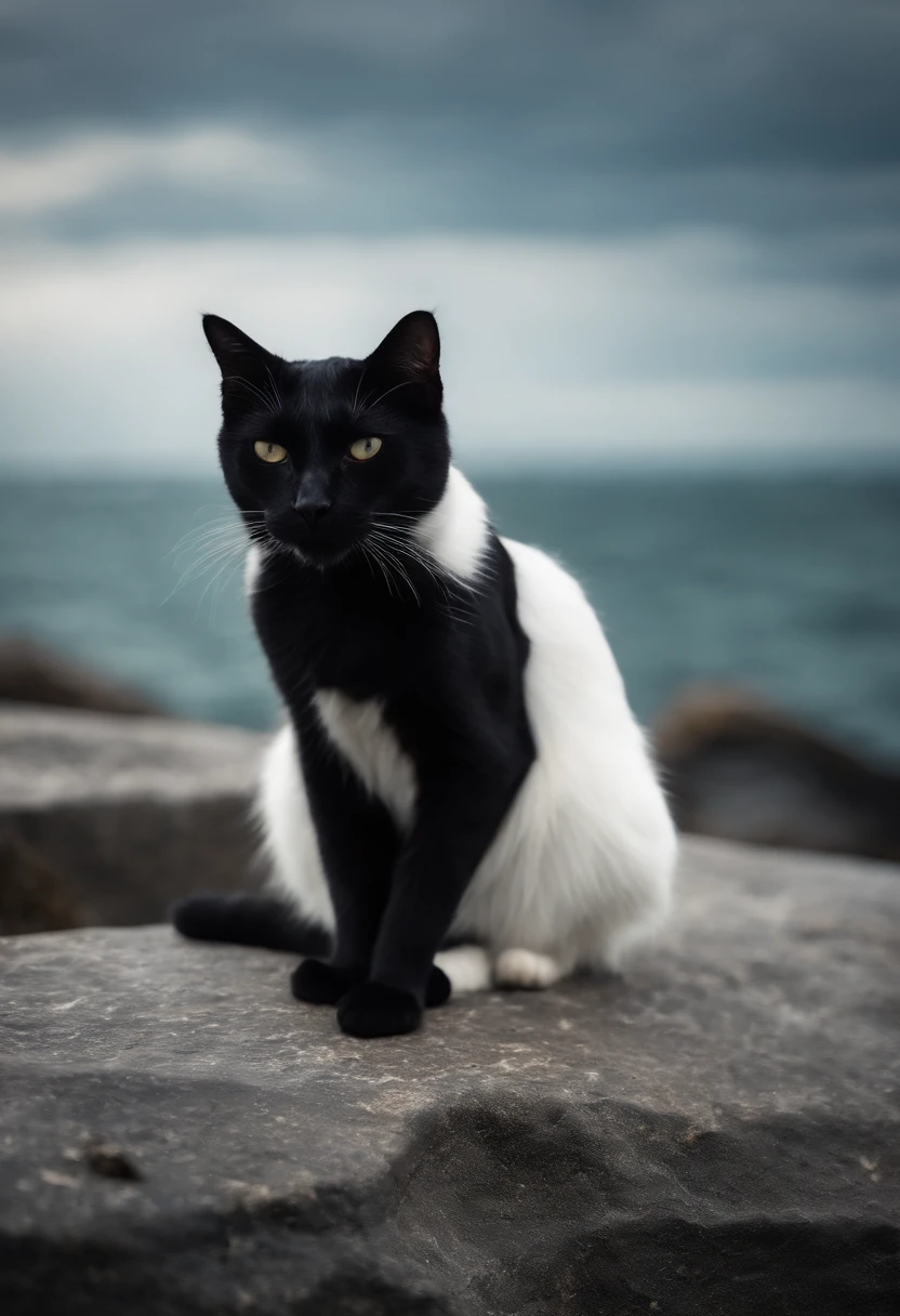 Black cat with white sitting on a rock in front of a seawall