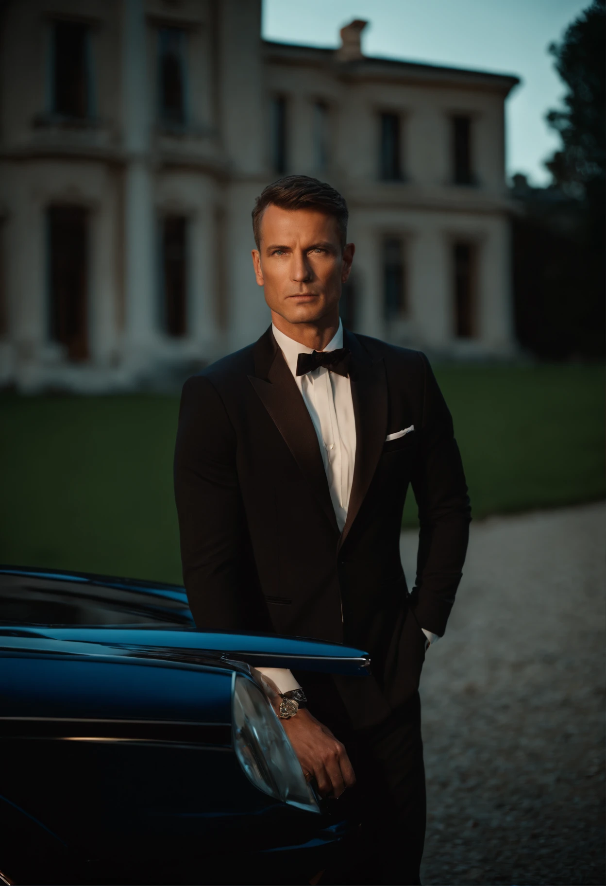 corps entier, wide-angle photo close-up portrait of the body of a handsome man , Grand et en forme, (40 ans:1.1), (shaven:1.2) , (very short brown hair:1.5),(very short hair:1.6). (Tight suit in dark blue velvet:1.3). (posing outside the mansion with a luxury car:1.1),Cold and dark sunset at dusk, (Edge Light:1.1),(Concentrez-vous sur les yeux), (Regard fier), (hard light on the skin:1.2), (ombres dures, dark themed, Contraste profond:1.1), (photographie de portrait par Annie Liebovitz), Dark mint theme and choral aesthetics, (skin imperfections)