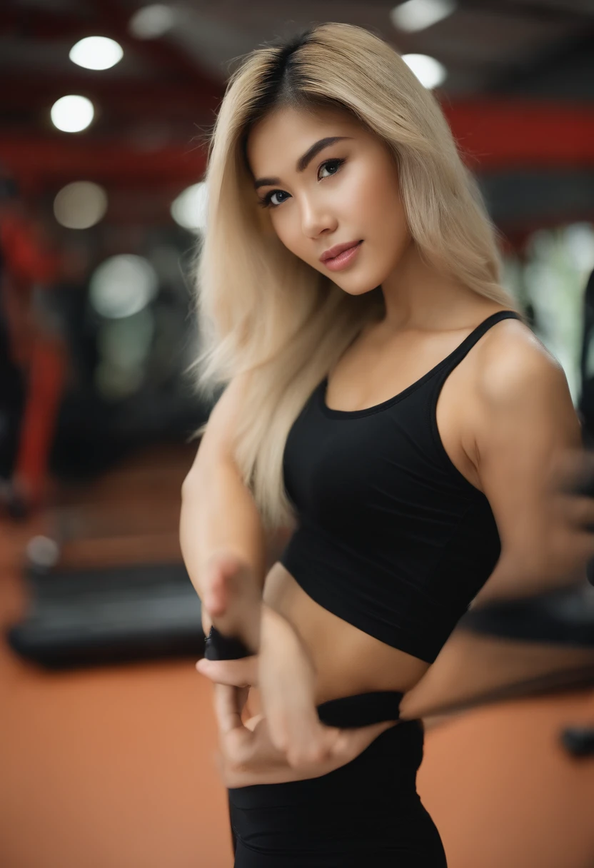 (((thai girl))), thin face, natural tan skin, wearing yoga pants, charming black hair, ((hair is blonde)), gym background, age 22, (hands highly detailed)