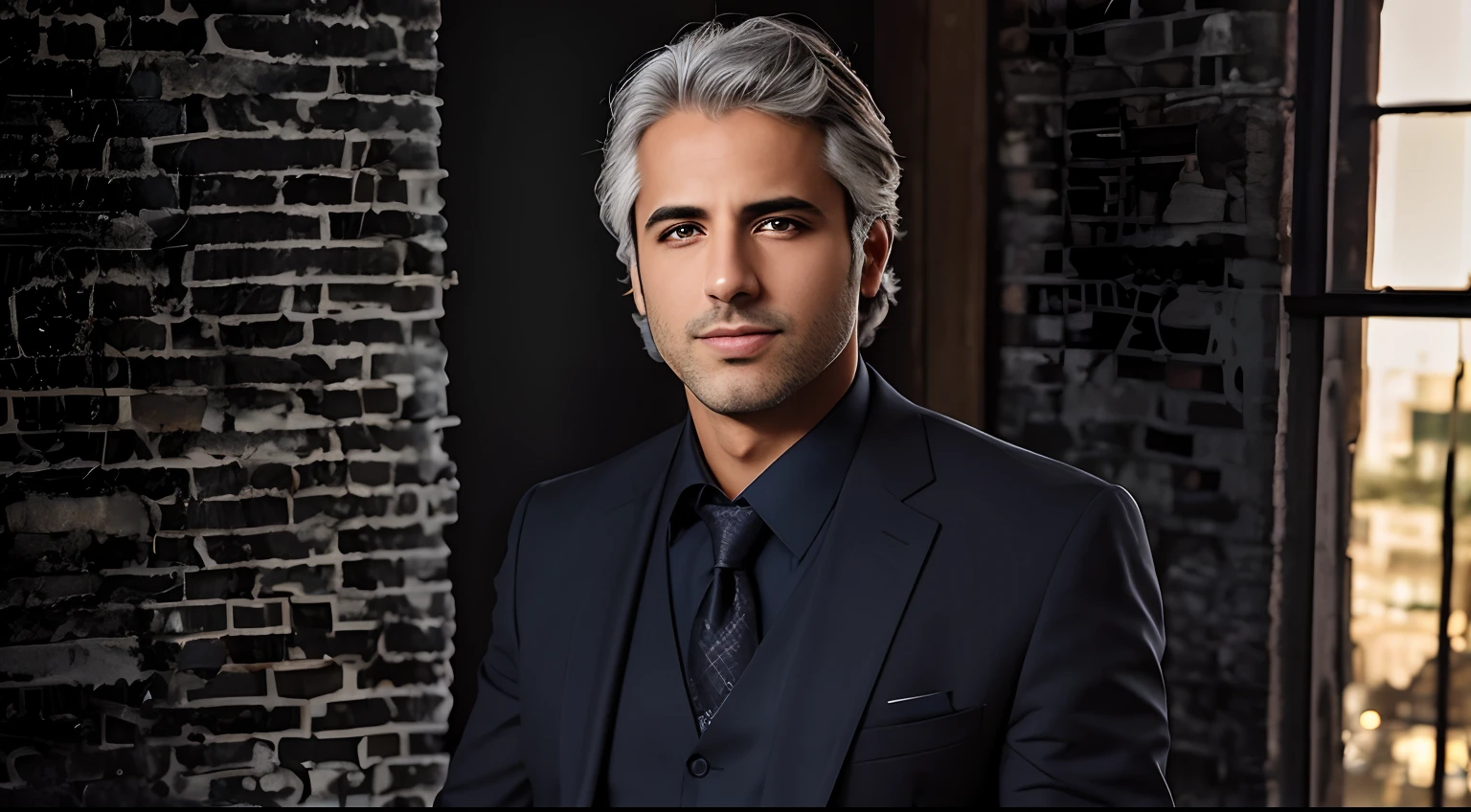 arafed man in a suit and tie standing in front of a brick wall, 30 a 35 years old, promotional portrait, dark grey haired man, handsome man, stephen fabian, promotional picture, official photo, julian calle, david kassan, promotional image, promo image, gary montalbano, alejandro, portrait of a man in a suit, profile shot, ricardo milos, hicham habchi