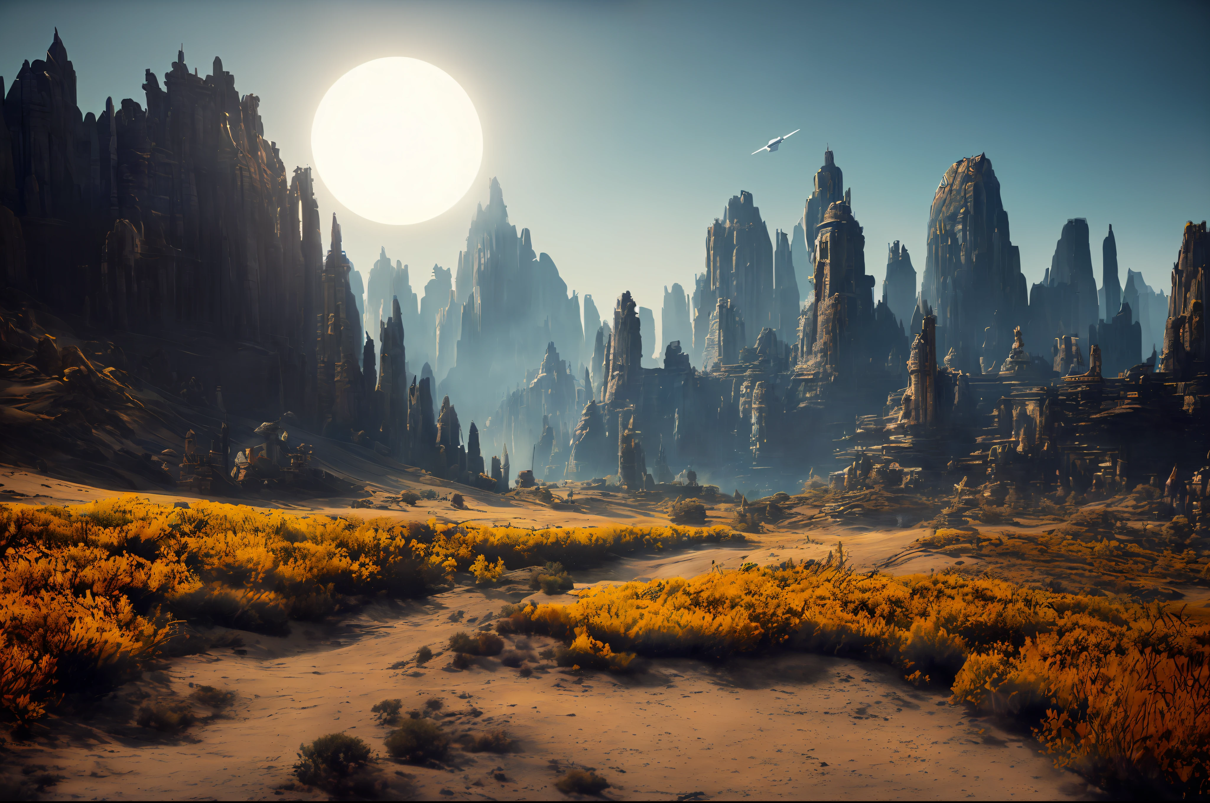 (((Concept Art))) (((Old Fashion Landscape)), 8K Resolution, Super Cool, Hyper-Realistic, Big Sun and Moon, Sci-Fi Style, Dramatic Lighting, Ambient Lighting, Hyper Detail Features, Ray Tracing, 3D, Cinematic Lighting, Dark Shadows, Unreal Engine 5 Rendering, (Center Focus) , Hyper Detail, Art Station Trend, 4K, Very High Detail, Ultra HD, HDR, Very High Detail