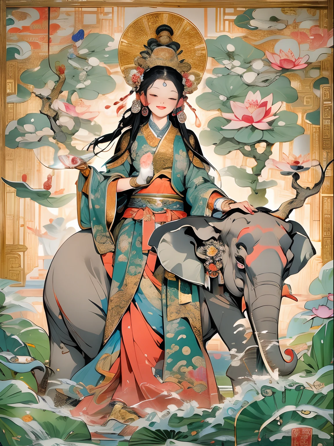 an ancient Chinese goddess, guanyin of the southern seas, Guanyin, Inspired by India, Avalokiteshvara rides an elephant,,Serene expression,shui mo hua,Buddha,Buddhist,Lotus,Chinese painting style,Thangka style