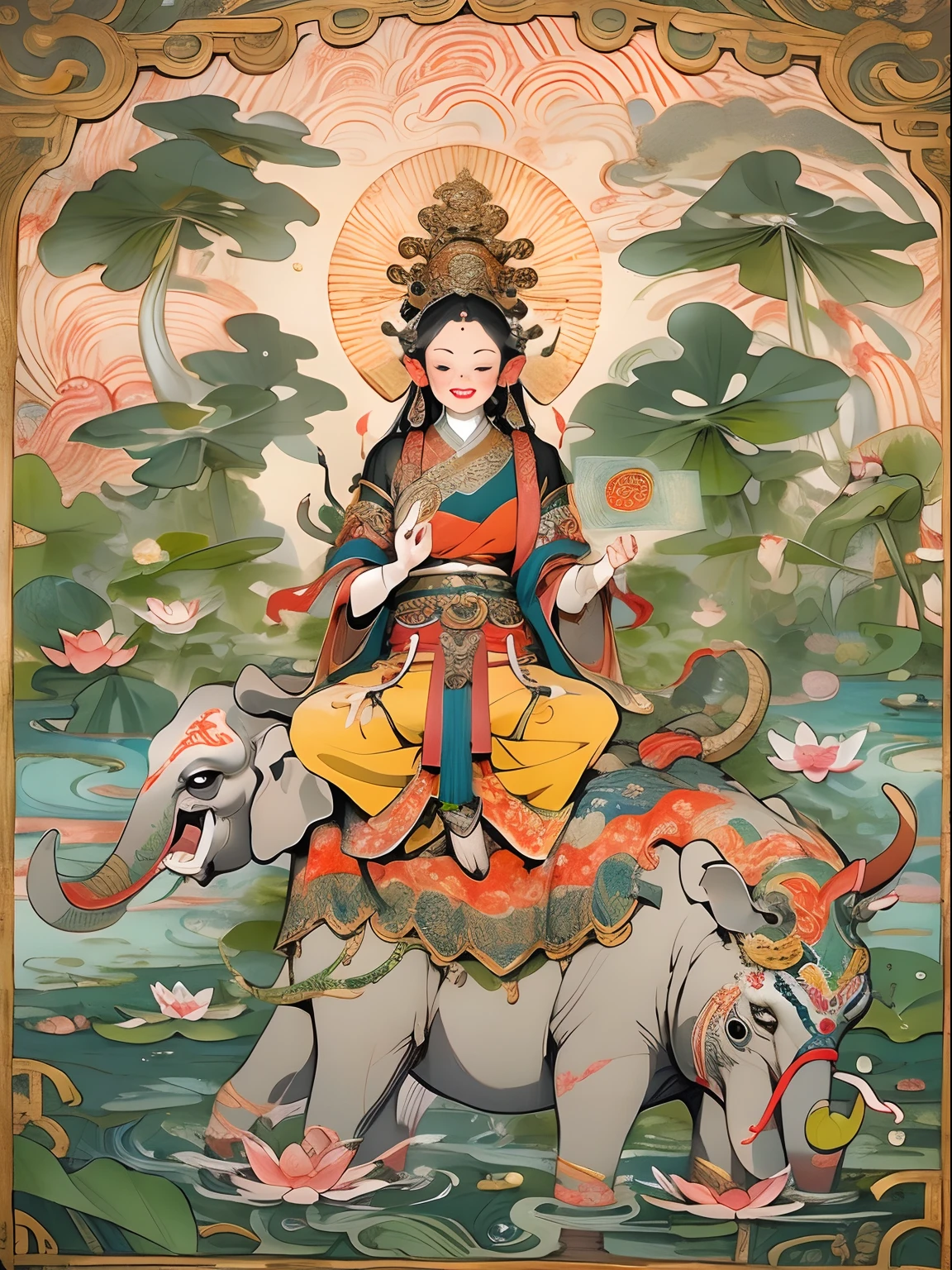 an ancient Chinese goddess, guanyin of the southern seas, Guanyin, Inspired by India, Avalokiteshvara rides an elephant，,Serene expression,shui mo hua,Buddha,Buddhist,Lotus,Chinese painting style,Thangka style