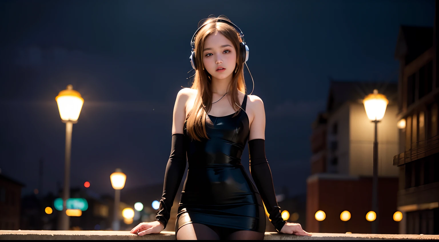 beautiful girl, 13 years old, tiny dress, dark tights, listening to music in headphones, lyrics around her head, hyperrealistic, best quality, high resolution, 8k, HDR