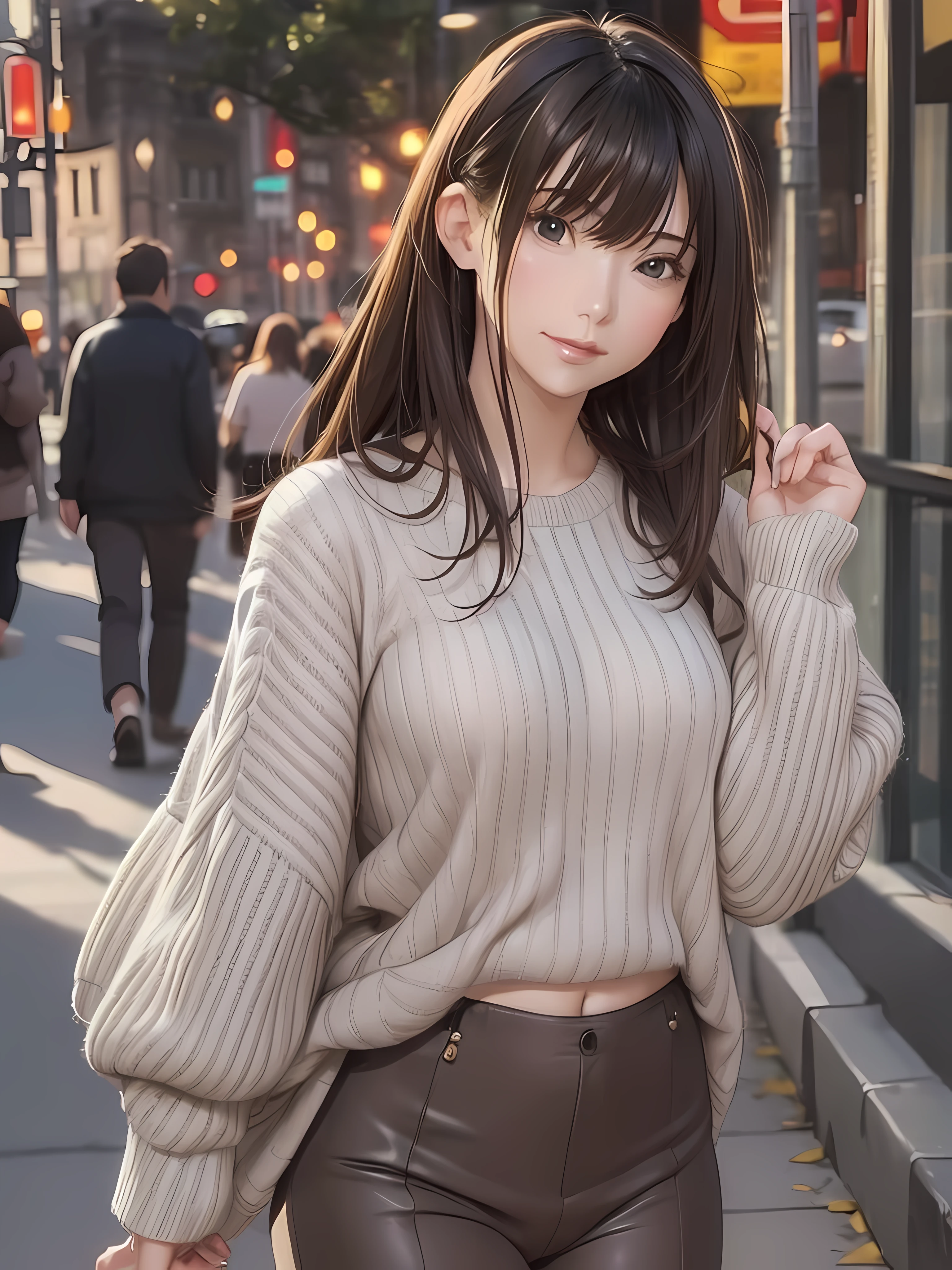 (1girl:1.3), (photorealistic:1.4), (masterpiece, top quality, best quality, official art), extreme detailed, highest detailed, (ultra-detailed), ((an extremely delicate and beautiful)), cinematic light, contemporary, silky long hair, (brown hair), she Walking at the park, in evening, sweater, Wide-leg pants, upper body, from above, shy, smile, wave hand, (looking back:1.4), 24 years old, narrow waist, wide shot