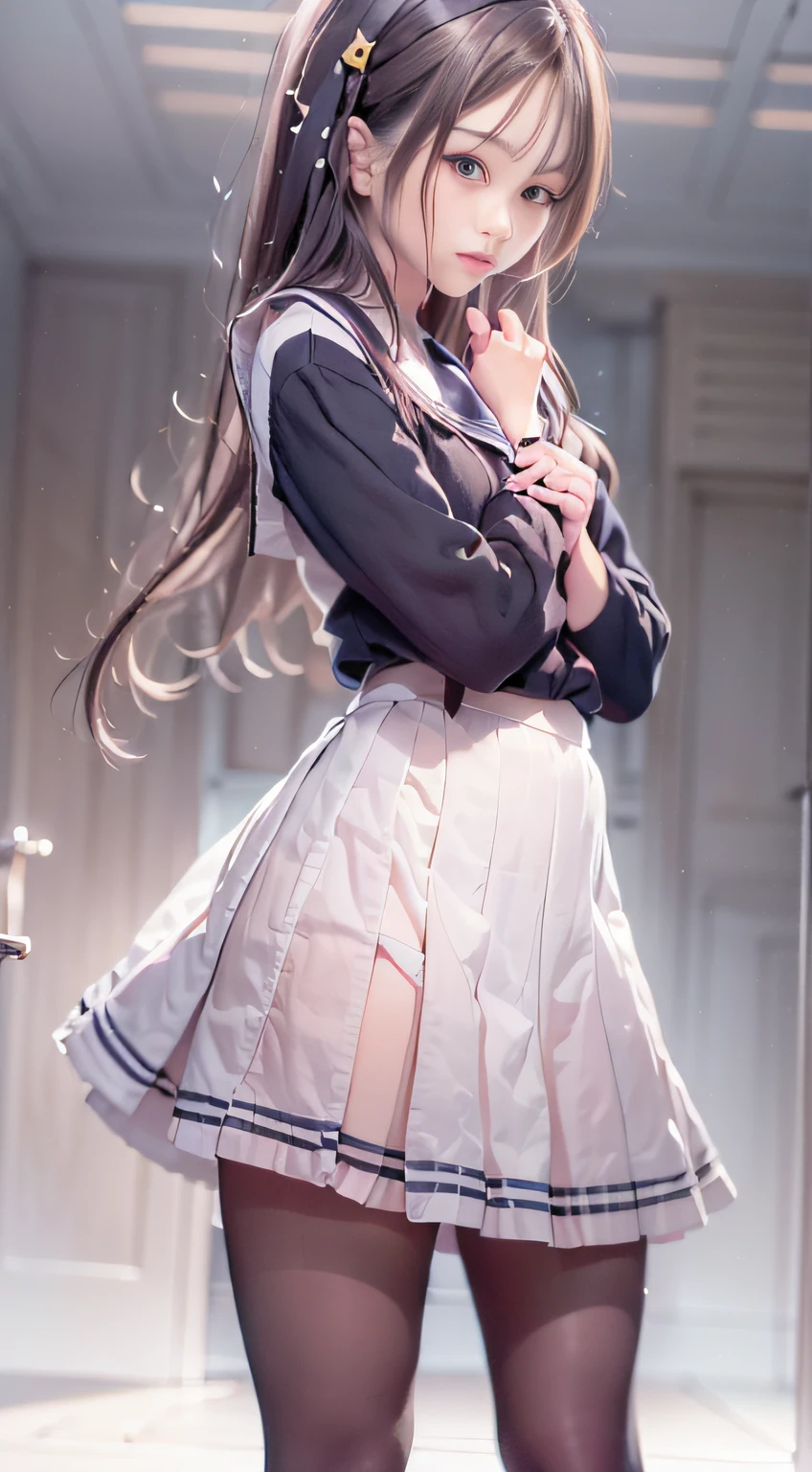 Portable Wallpapers,Super beautiful photo,FULL ANATOMY,Girl Like a Goddess,Highly detailed background,Realistic,ultra-detailliert,super detailed skin,Detailed beautiful face and eyes,retinas, masutepiece, ccurate, Anatomically correct,Tsurime, Textured skin, Super Detail, high details, High quality, awardwinning, Best Quality, hight resolution, 8K,ultimate beauty girl, BREAK,Close up of girl in dress and shirt, loose coat collar sailor uniform, thin head,magical school student uniform, japanese girl school uniform,, Cute dress, katelynn mini cute style, dressed with long fluent clothes, School uniform, magic school uniform, black and white clothes, Stylish dress, school girl in gothic dress, Black Quick, Elegant clothes,((small tits:1.7,Thin leg,skinny thigh:1.4)),slim figure,extremely detailed eye and face、beatiful detailed eyes,Tsurime,Beautiful skins,The brilliance of details、The skirt is ironed、No wrinkles,((smooth hair,detailed hairs,Very fine hairs)),(Knee-length skirt:1.7),1girl in,Thin leg,Beautiful legs,独奏,Wearing underwear,Smaller face,realistic facial expression,(Face to feel:1.6),Enchanted,Raw photo of pale skin,Shyness,Longing for love,((Cool color makeup,Lowered eyebrows、Whitening effect,thin and thin eyebrows,((Ephemeral Girl,A look tinged with joy)),Very soft lighting,Eight-headed body,light glow,Expro II,Lens Flare,Sharpen,cinematic shadow,Changing the time zone when shooting.,School route and my room,Kantai Collection Style