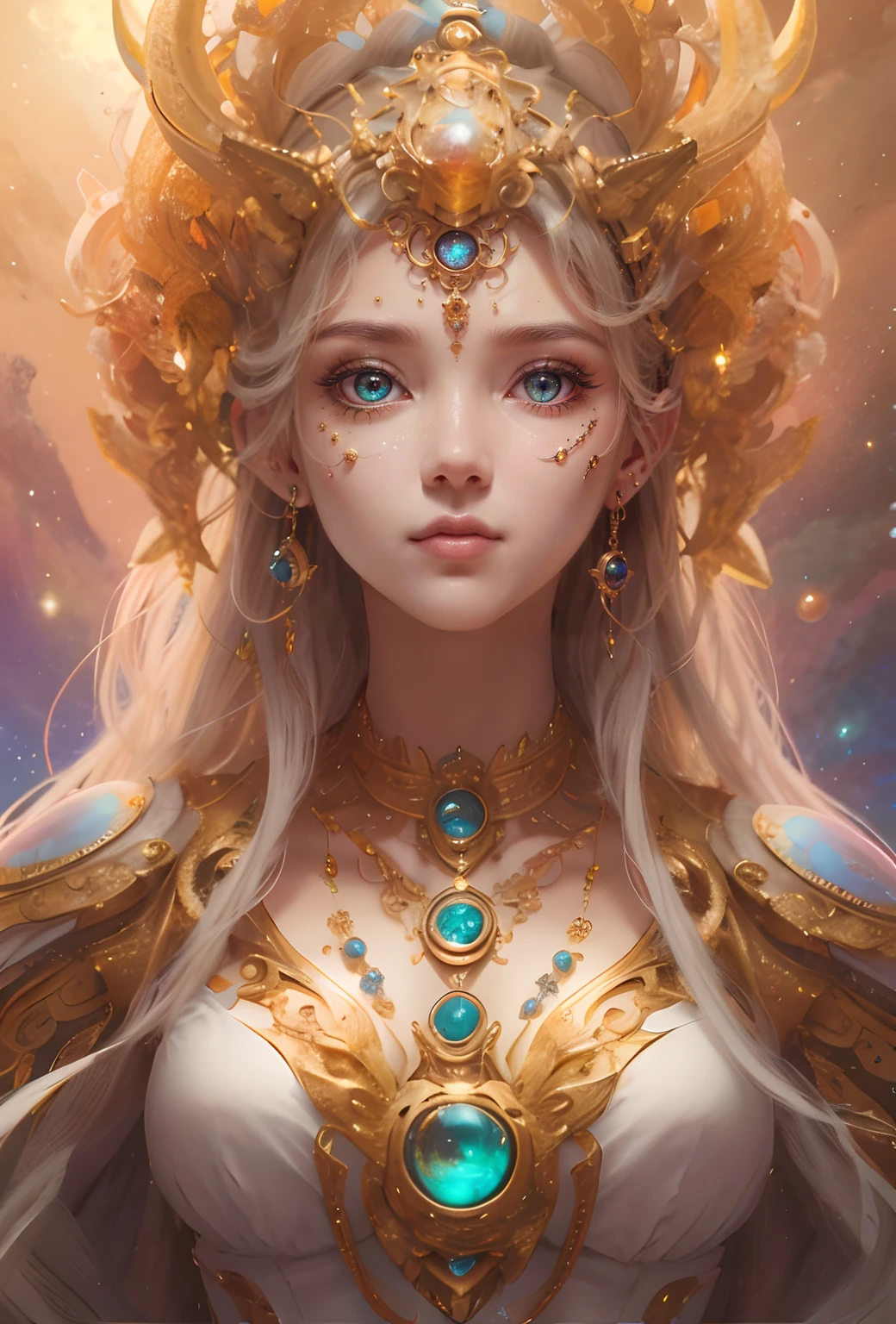 (best qualtiy,ultra - detailed,Most Best Illustration,Best shadow,tmasterpiece,A high resolution,professionalartwork,famousartwork),Detailed eyes,beautidful eyes,closeup cleavage,sci-fy,colored sclera,Robot eyes,face markings,Tattooed with,(fractalized,Fractal eyes),largeeyes,Wide eyes,(Eye focus),sface focus,Cosmic eyes,Space eyes,Close-up of metal sculpture of a woman with a moon in her hair,goddes。extremly high detail,3 d goddess portrait,Extremely detailed footage of the goddess,a stunning portrait of a goddess,Side image of the goddess,portrait of a beautiful goddess,Full body close-up portrait of the goddess,hecate goddess,portrait of a norse moon goddess,goddess of space and time