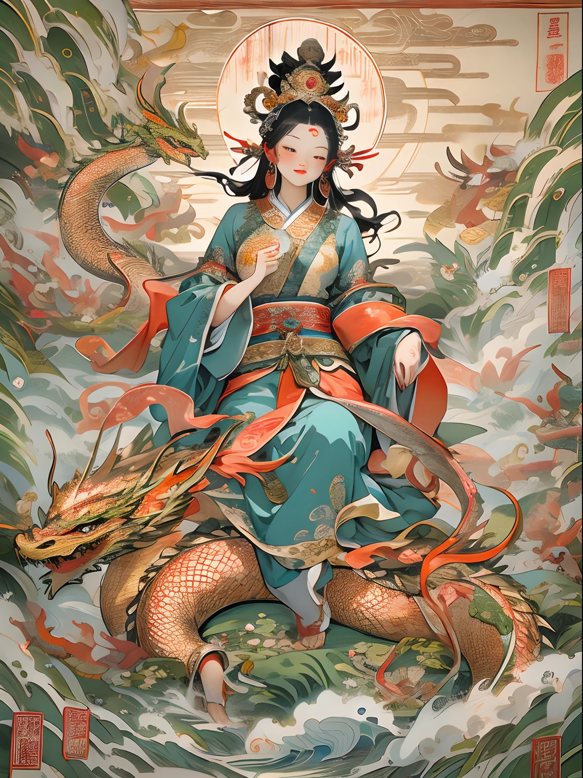 A dragon rising to the sky、Red and white、Chinese clothing、woman、
Long Hair、Hairpin、Handsome、
