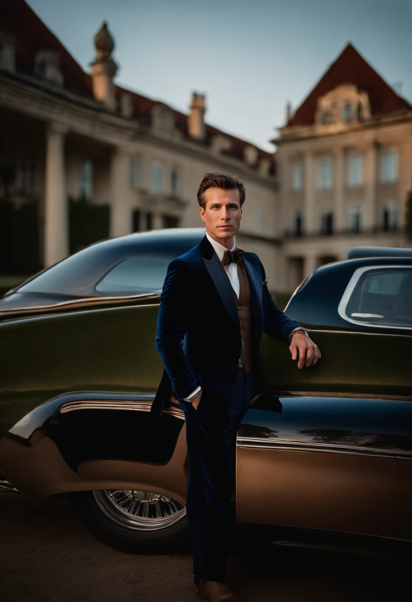 corps entier, wide-angle photo close-up portrait of the body of a handsome man , Grand et en forme, (40 ans:1.1), (shaven:1.2) , (very short brown hair:1.5),(very short hair:1.6). (Tight suit in dark blue velvet:1.3). (posing outside the mansion with a luxury car:1.1),Cold and dark sunset at dusk, (Edge Light:1.1),(Concentrez-vous sur les yeux), (Regard fier), (hard light on the skin:1.2), (ombres dures, dark themed, Contraste profond:1.1), (photographie de portrait par Annie Liebovitz), Dark mint theme and choral aesthetics, (skin imperfections)