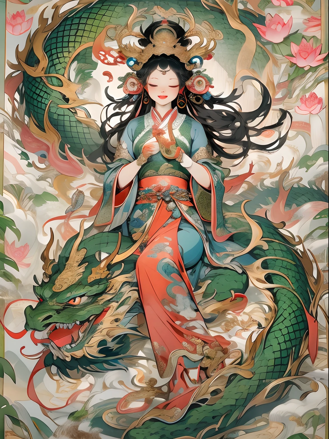 an ancient Chinese goddess, guanyin of the southern seas, Guanyin, Inspired by India, Avalokiteshvara rides a dragon,,Serene expression,shui mo hua,Buddha,Buddhist,Lotus,Chinese painting style,Thangka style