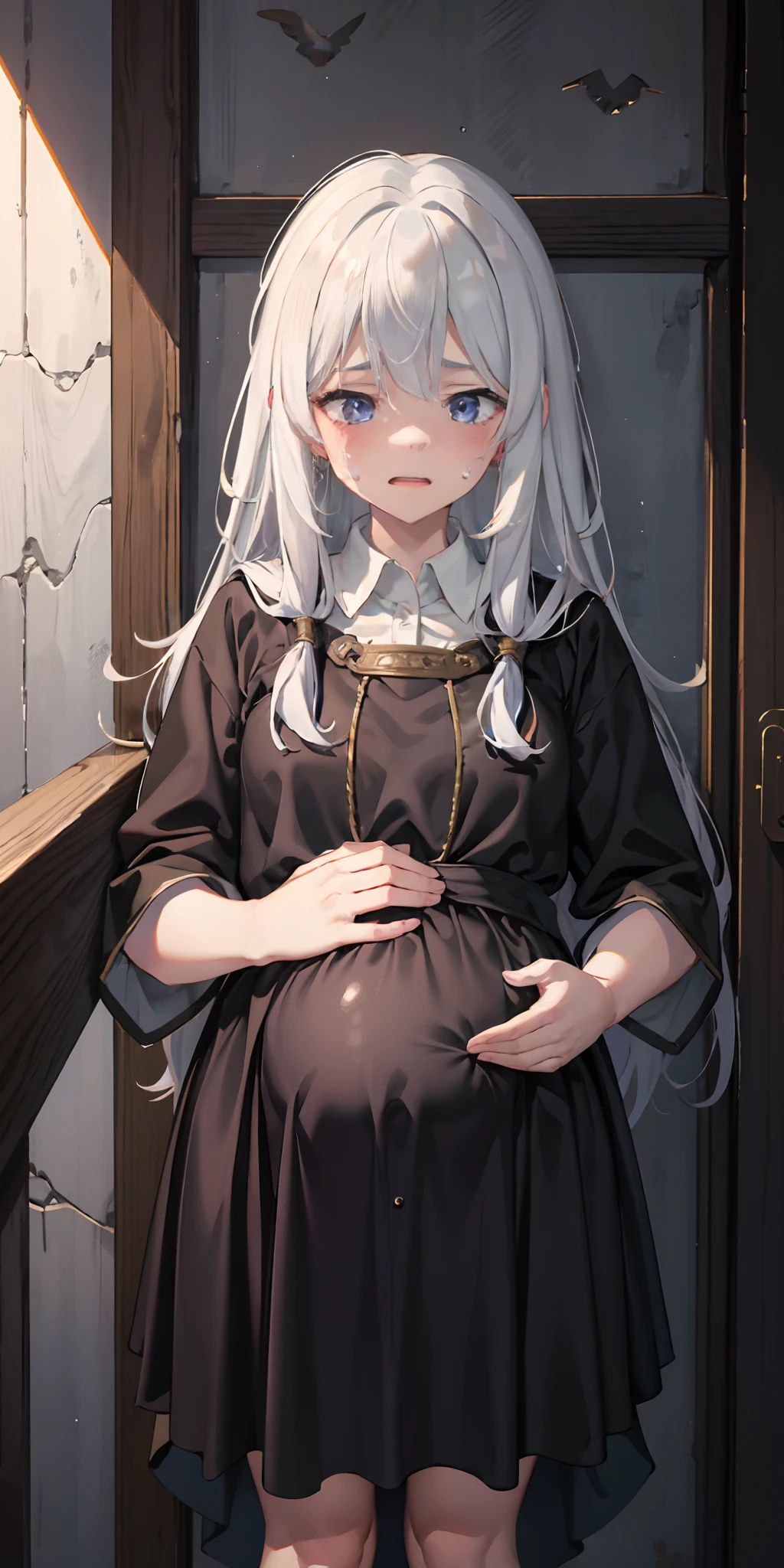 Elaina,anime girl, lwhite shirt,black skirt,black cloak, pake face, sweating, heavy breath, blushing, pregnant, spread , (best quality:1.2), ultra-detailed,realistic ,portraits, vivid colors, soft lighting, interesting PoV,