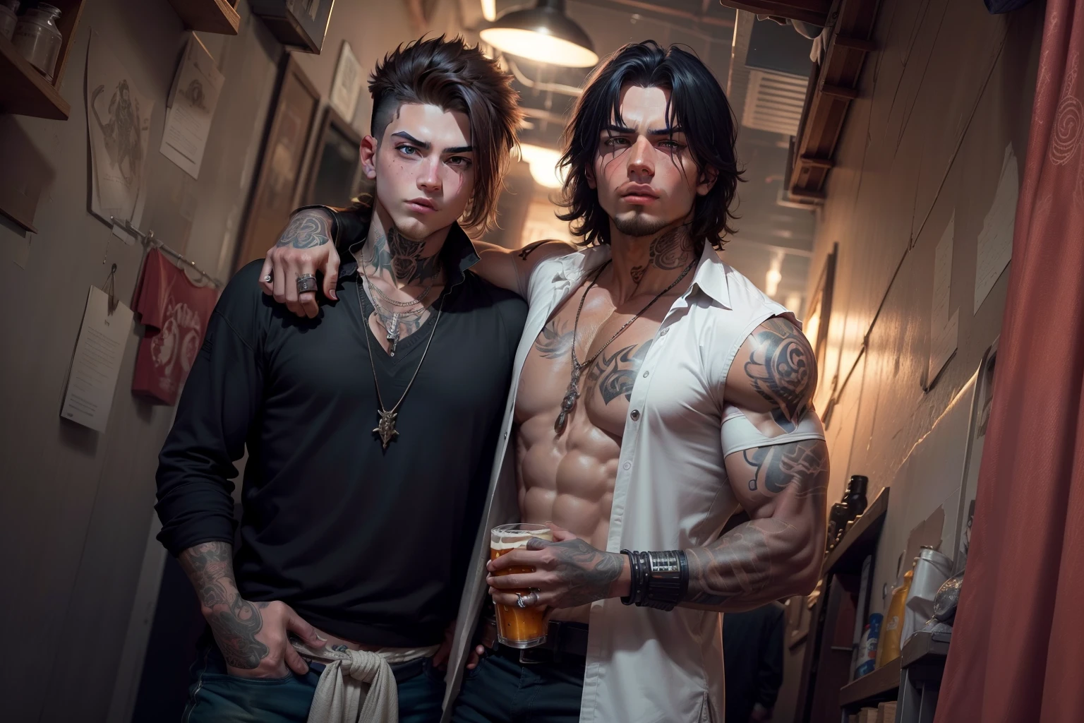 Change this two boys into gansters, tattoos,guns,beers,swords,