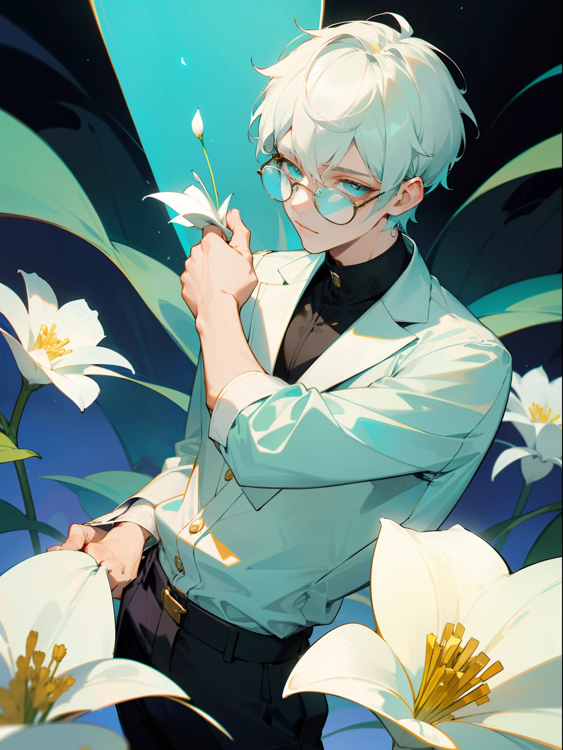 A young man collects beautiful, dimly glowing flowers, which bloom in caves with faintly glowing ore in places. He has a beautiful face and a colorful, Radiant Eyes. He is dressed in stylish black pants and a white sweater. The pale light of the cave is fantastic. Detailed drawings. Vivid colors. High image quality.1boy,Matured male.White short hair.turquoise eyes.Stylish glasses