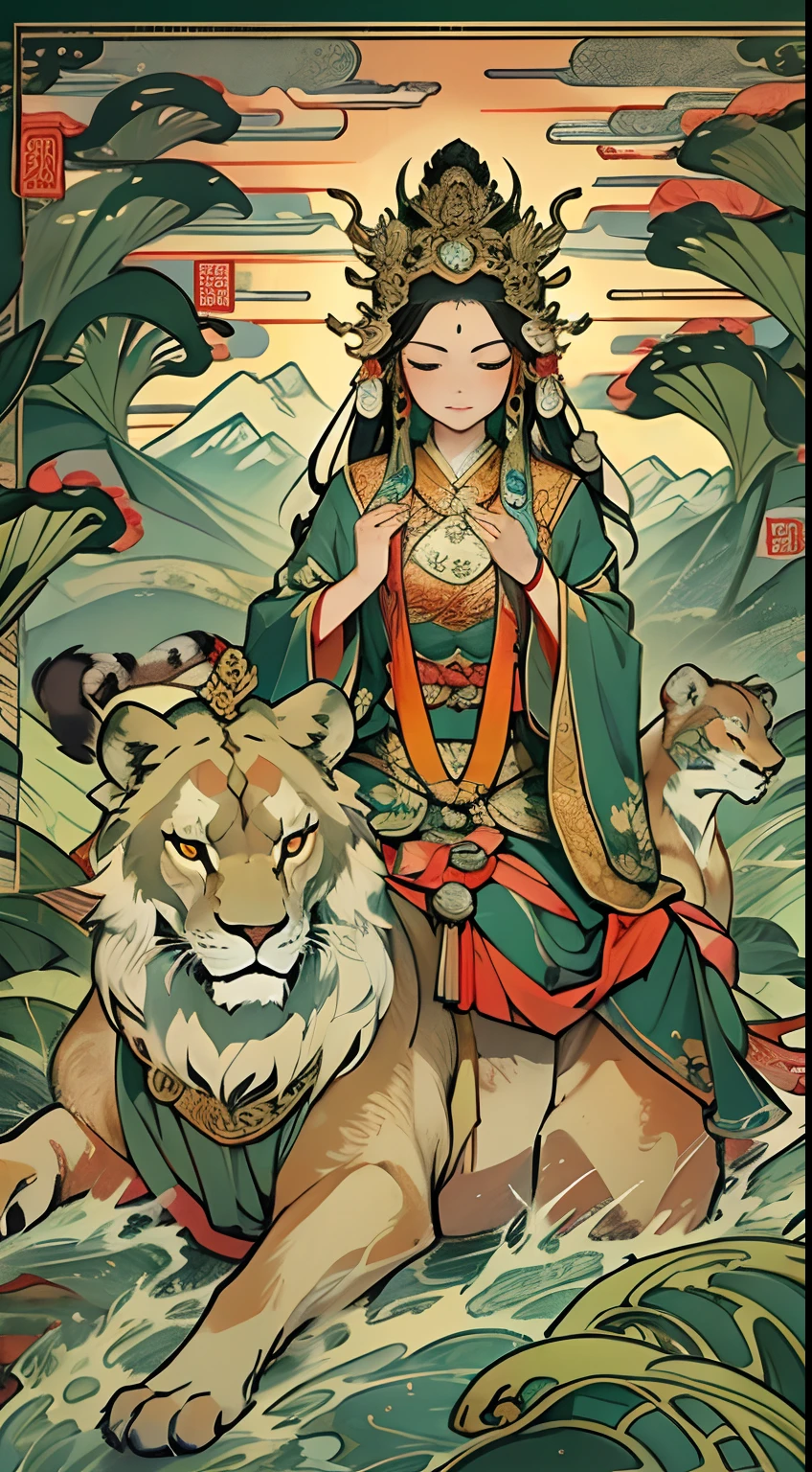 an ancient Chinese goddess, guanyin of the southern seas, Guanyin, Inspired by India, Avalokiteshvara rides a lion,,Serene expression,shui mo hua,Buddha,Buddhist,Lotus,Chinese painting style,Thangka style