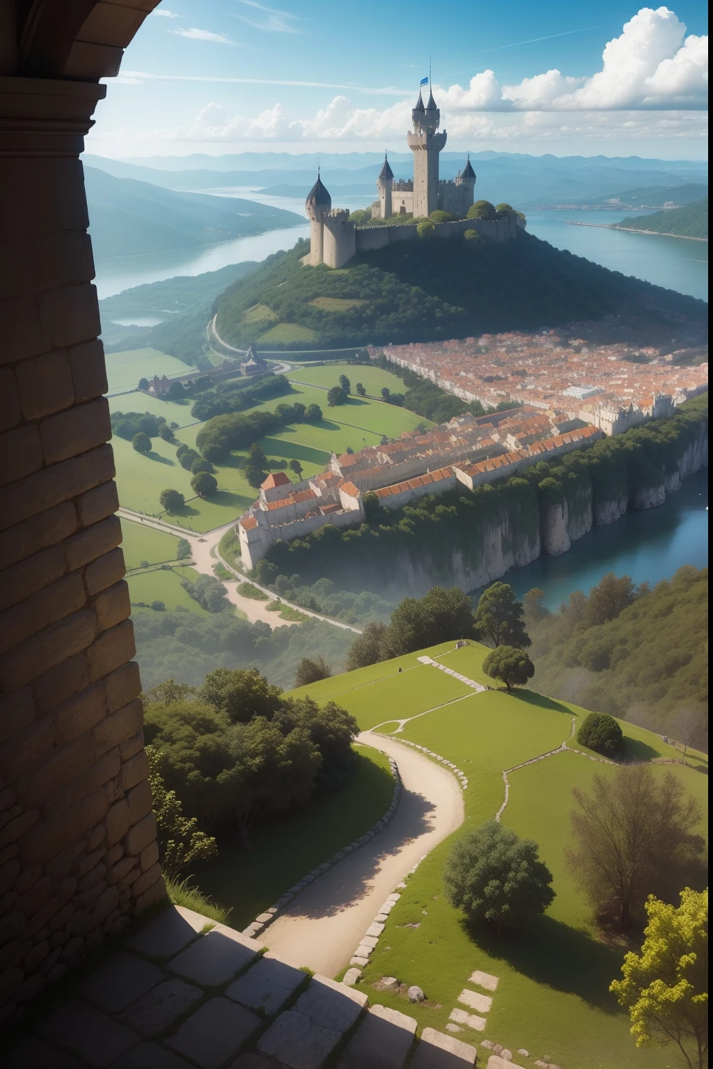 era medieval, um reino visto de longe, cidade, castelo com uma floresta ao redor dela, vista de cima e de longe,
