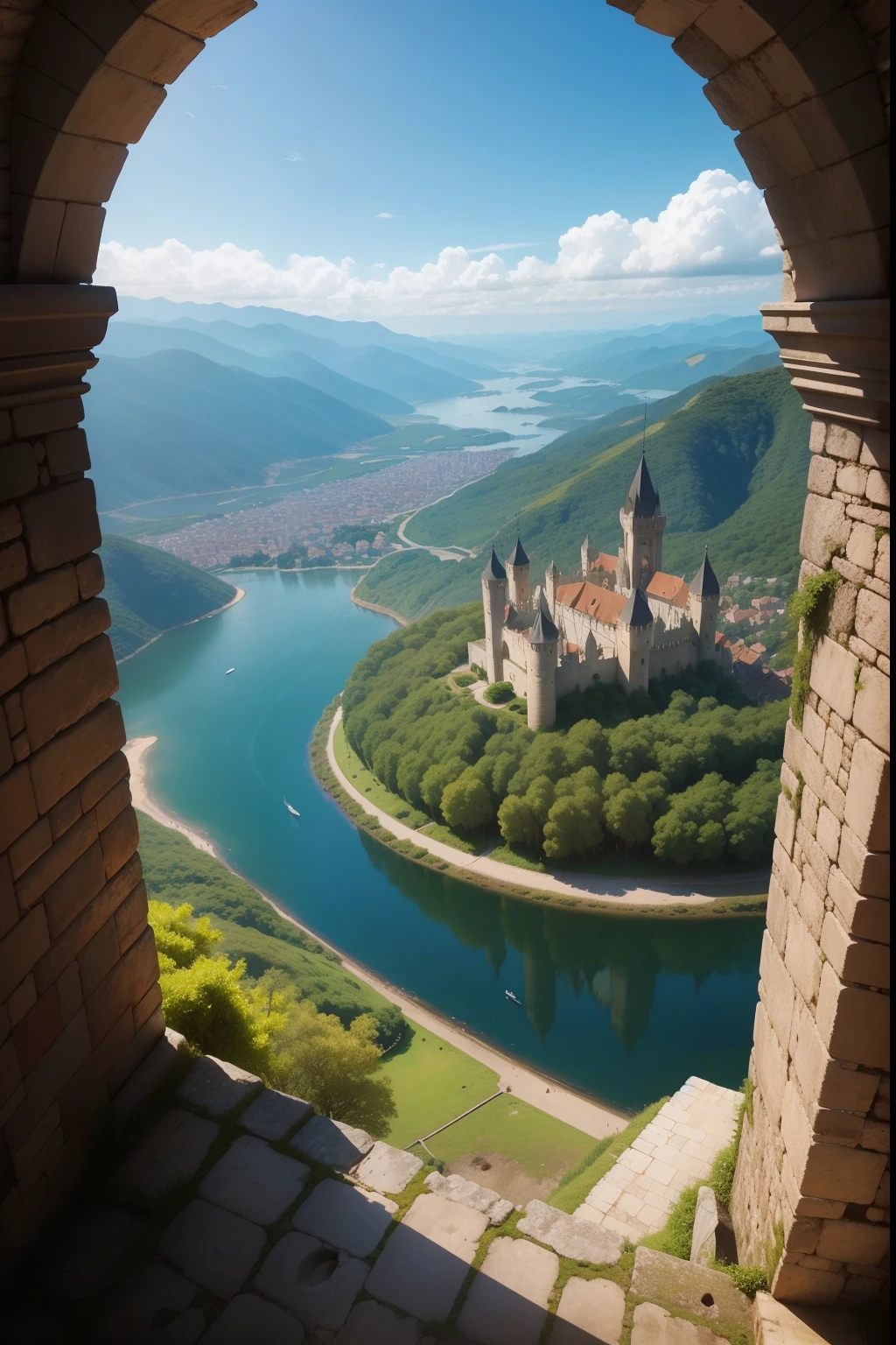 era medieval, um reino visto de longe, cidade, castelo com uma floresta ao redor dela, vista de cima e de longe,