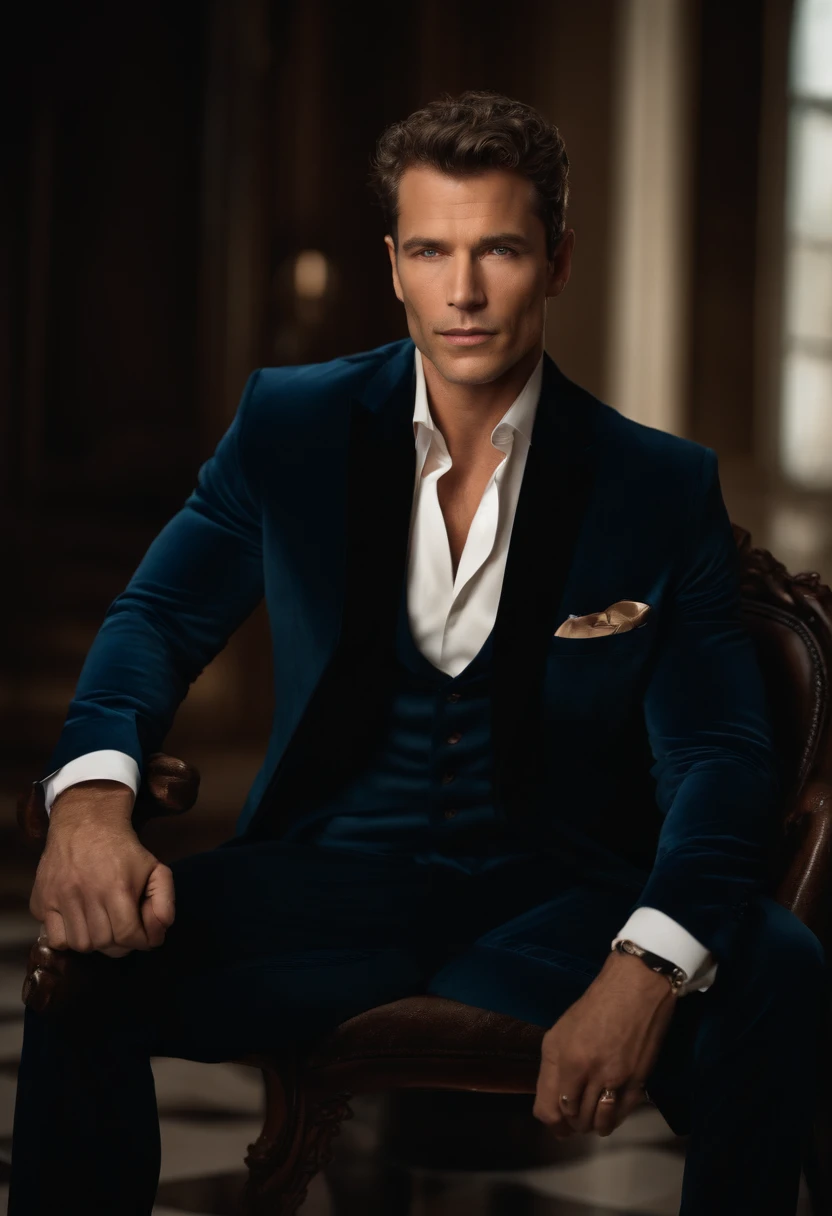 corps entier, wide-angle photo close-up portrait of the body of a handsome man , Grand et en forme, (40 ans:1.1), (shaven:1.2) , (very short brown hair and a little curly:1.5),(very short hair:1.6). (Tight suit in dark blue velvet:1.3). (posing outside the mansion with a luxury car:1.1),Cold and dark sunset at dusk, (Edge Light:1.1),(Concentrez-vous sur les yeux), (Regard fier), (hard light on the skin:1.2), (ombres dures, dark themed, Contraste profond:1.1), (photographie de portrait par Annie Liebovitz), Dark mint theme and choral aesthetics, (skin imperfections)