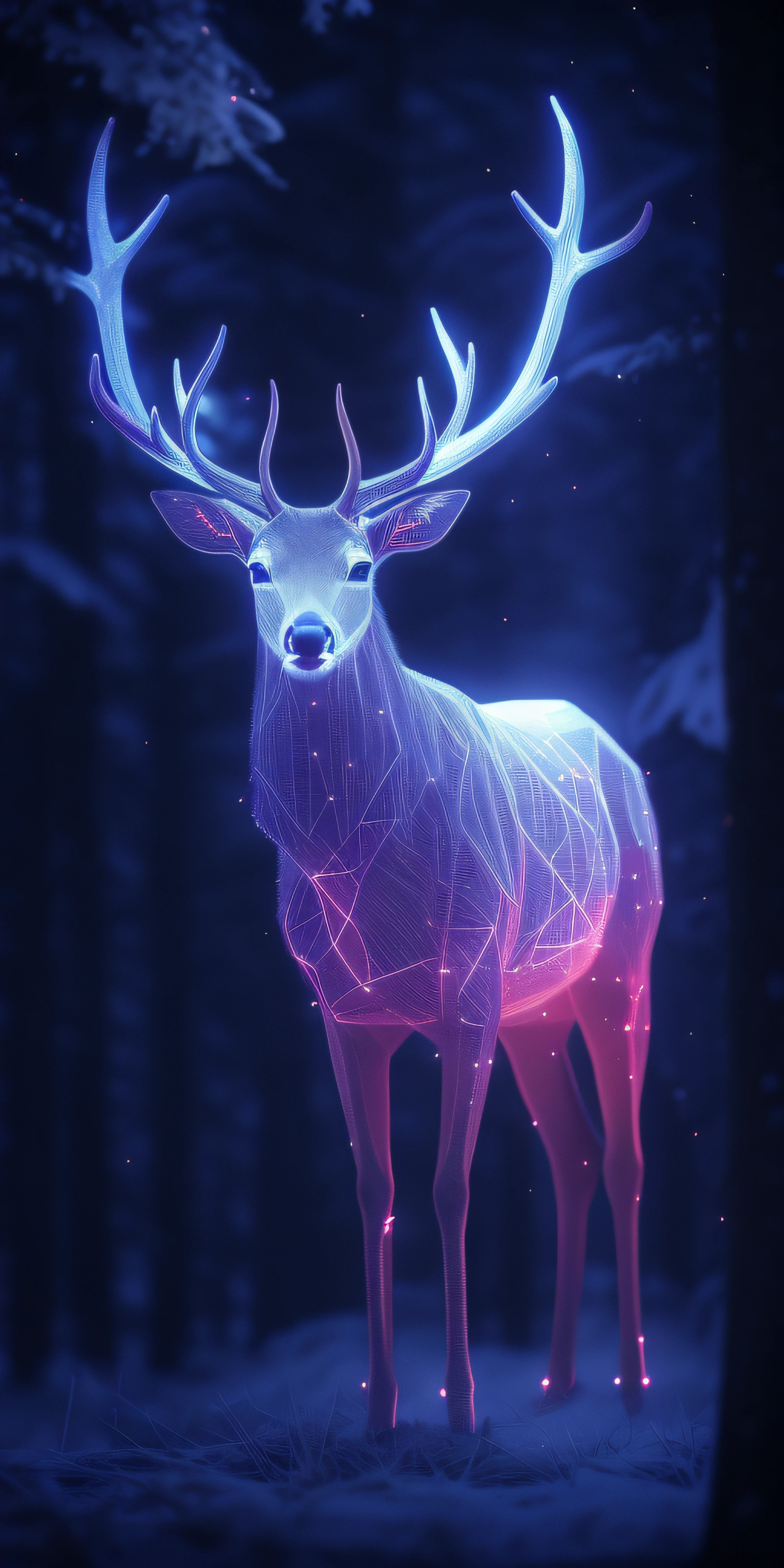 a close up of a deer with glowing antlers in a forest, 3d digital art 4k, digital art animal photo, digital artwork 4 k, holographic creatures, 4k highly detailed digital art, 8k high quality detailed art, 4k detailed digital art, 8 k ultra realistic animal, digital art 4k, digital art 4 k, detailed digital 3d art
