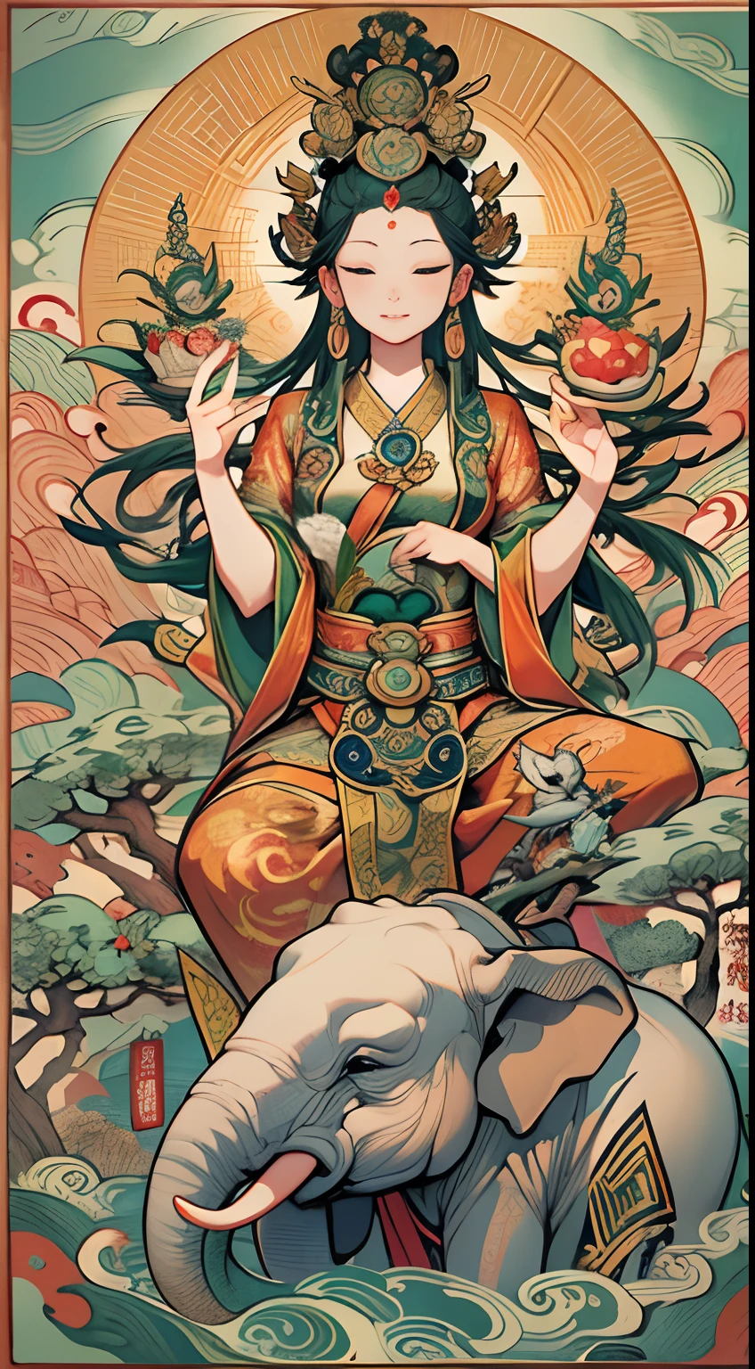 (masterpiece, top quality, Guanyin Bodhisattva，Female Bodhisattva，The eyebrows are like Satsuki，The eyes resemble double stars，The jade face is naturally joyful，Vermilion's lips were a little red，Sit on a huge lotus leaf，(nsfw: 1.5) (naked: 1.5), pubic, full body